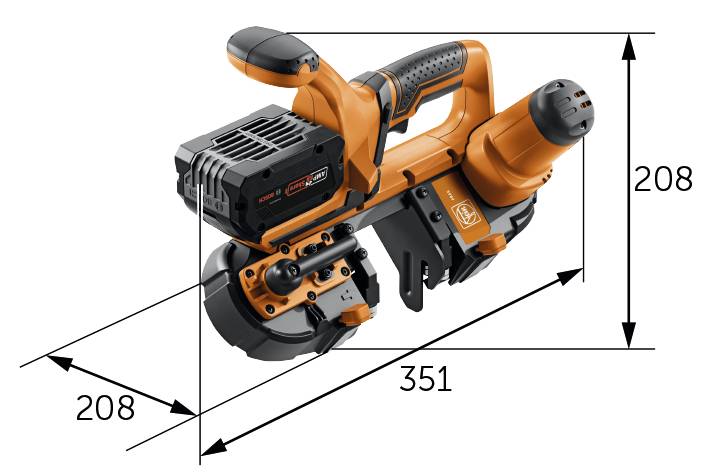 Eine orange-braune Bandsäge mit Akku und ergonomischem Griff. Die Maße sind: Länge 351 mm, Höhe 208 mm.
