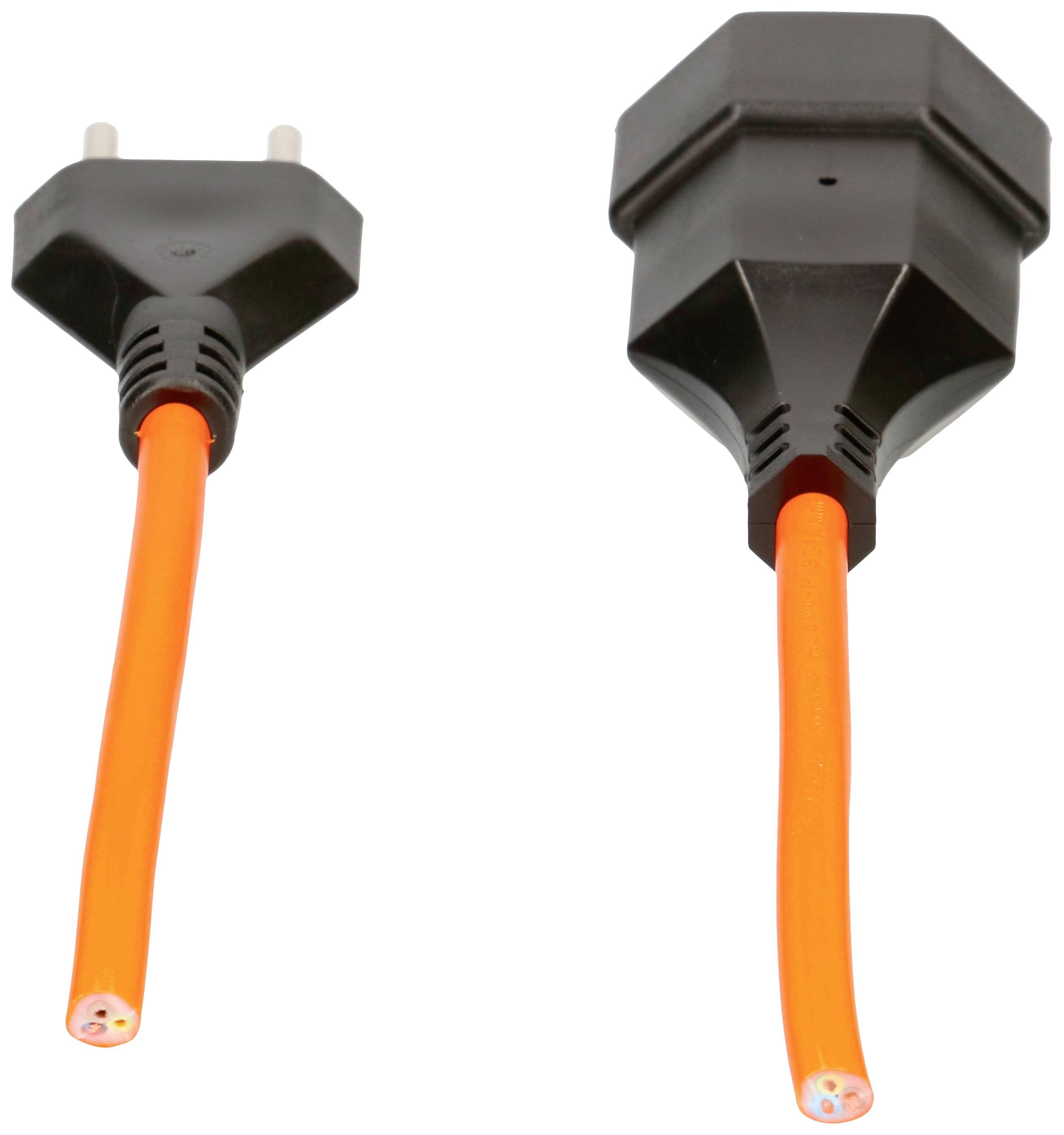 Zwei schwarze Steckdosenadapter mit orangefarbenem Kabel, einer mit flacherem Stecker.
