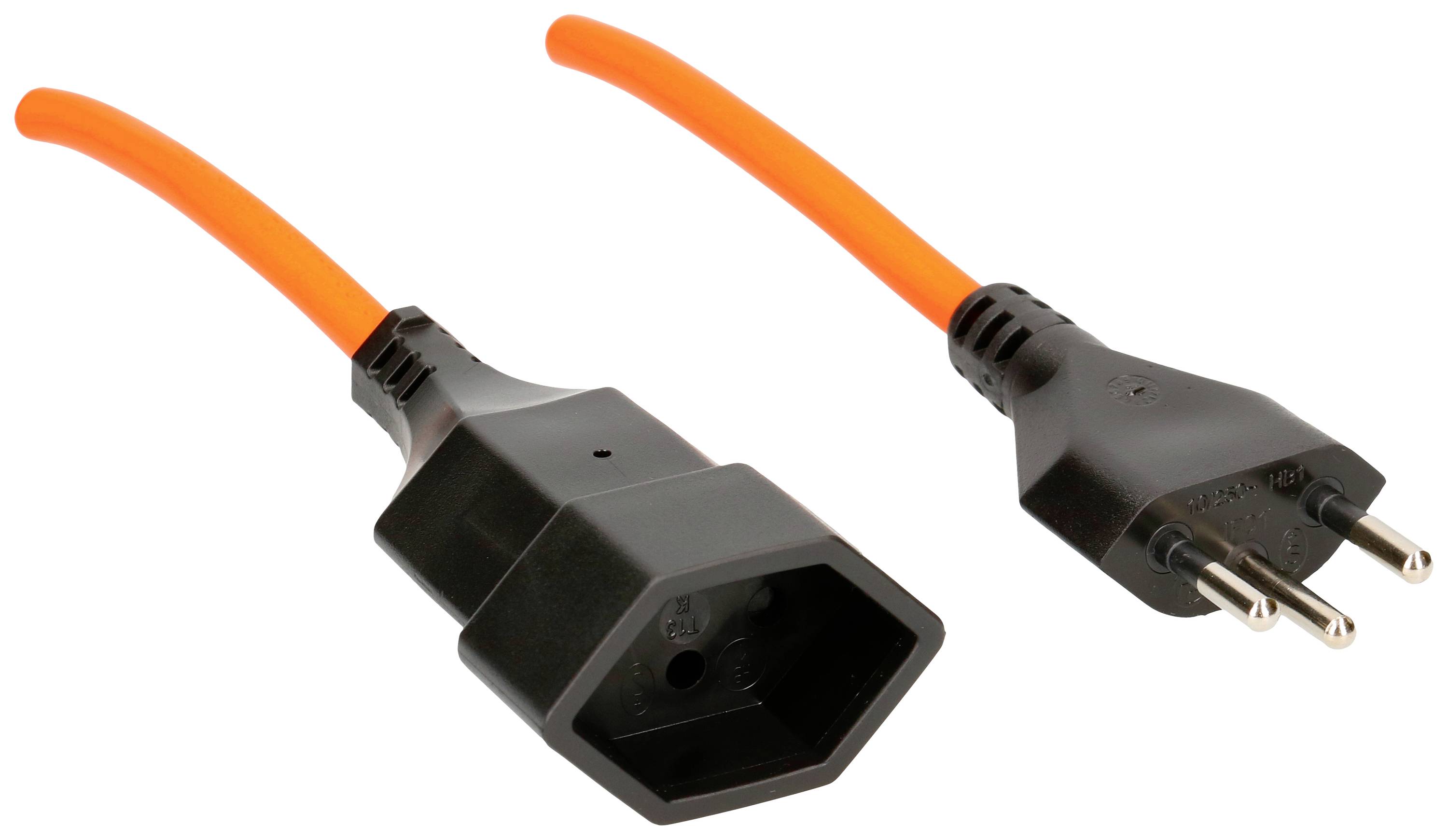 Ein orangefarbenes Stromkabel mit einem Schuko-Stecker und einer IEC-Buchse, geeignet für elektronische Geräteanschlüsse.