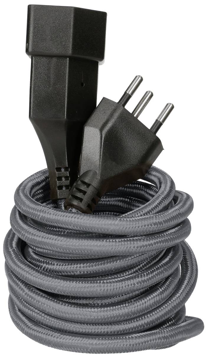 Ein schwarzes Netzkabel mit einem dreipoligen Stecker ist in einer Spirale aufgerollt.