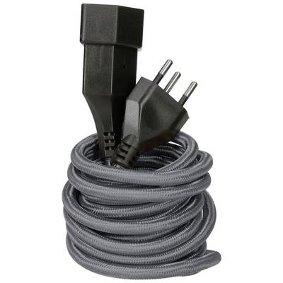 Ein schwarzes Netzkabel mit einem dreipoligen Stecker ist in einer Spirale aufgerollt.