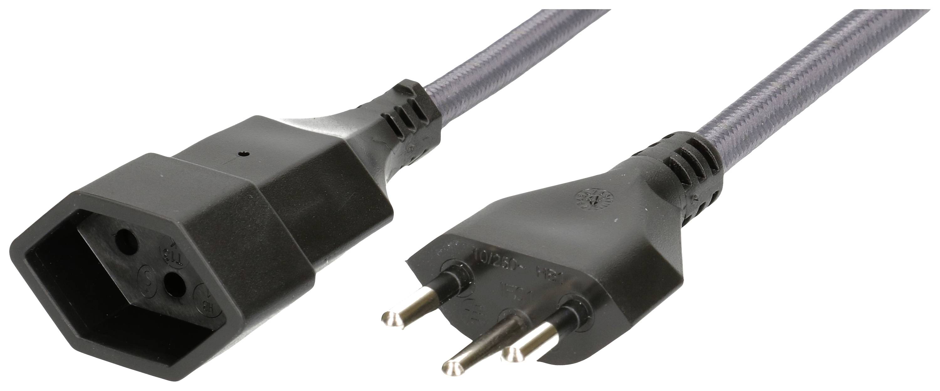 Ein schwarzes Netzkabel mit einem dreipoligen Schuko-Stecker und einem IEC-Stecker, häufig verwendet für Haushaltsgeräte und Computer.