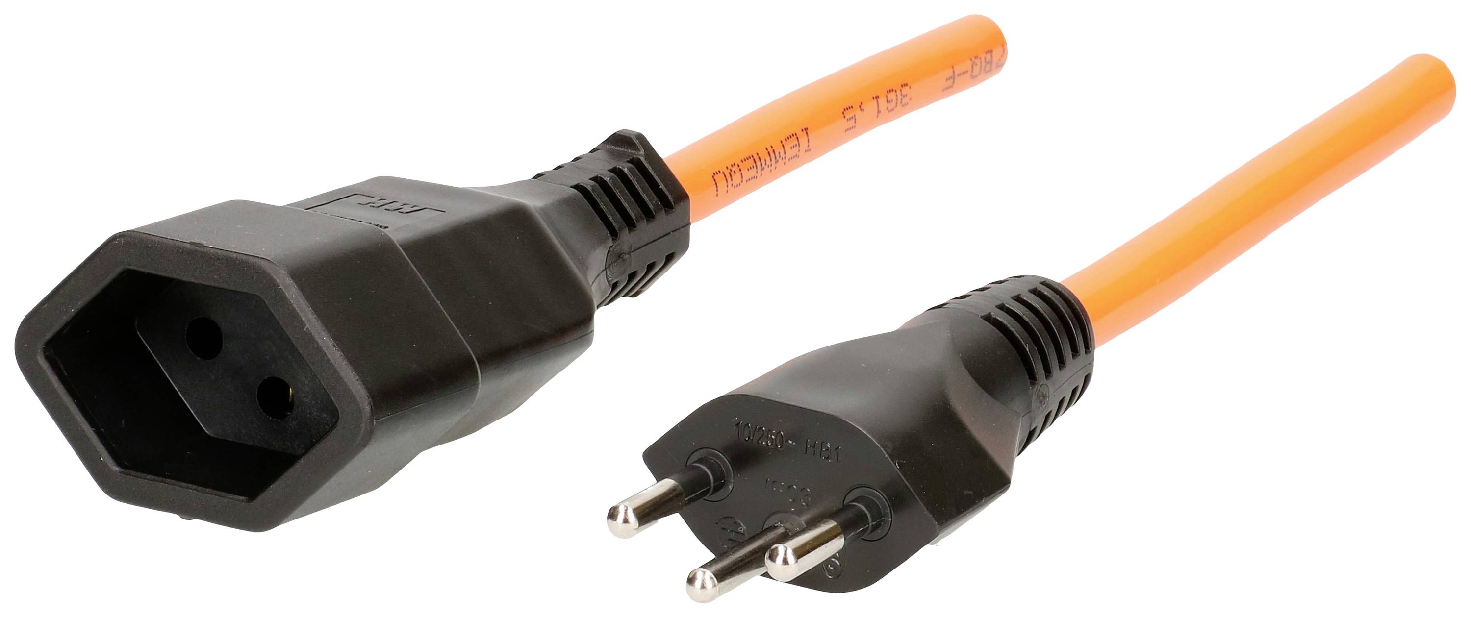 Oranges Netzkabel mit einem Schuko-Stecker auf der einen Seite und einem C13-Stecker auf der anderen, zur Stromverbindung.