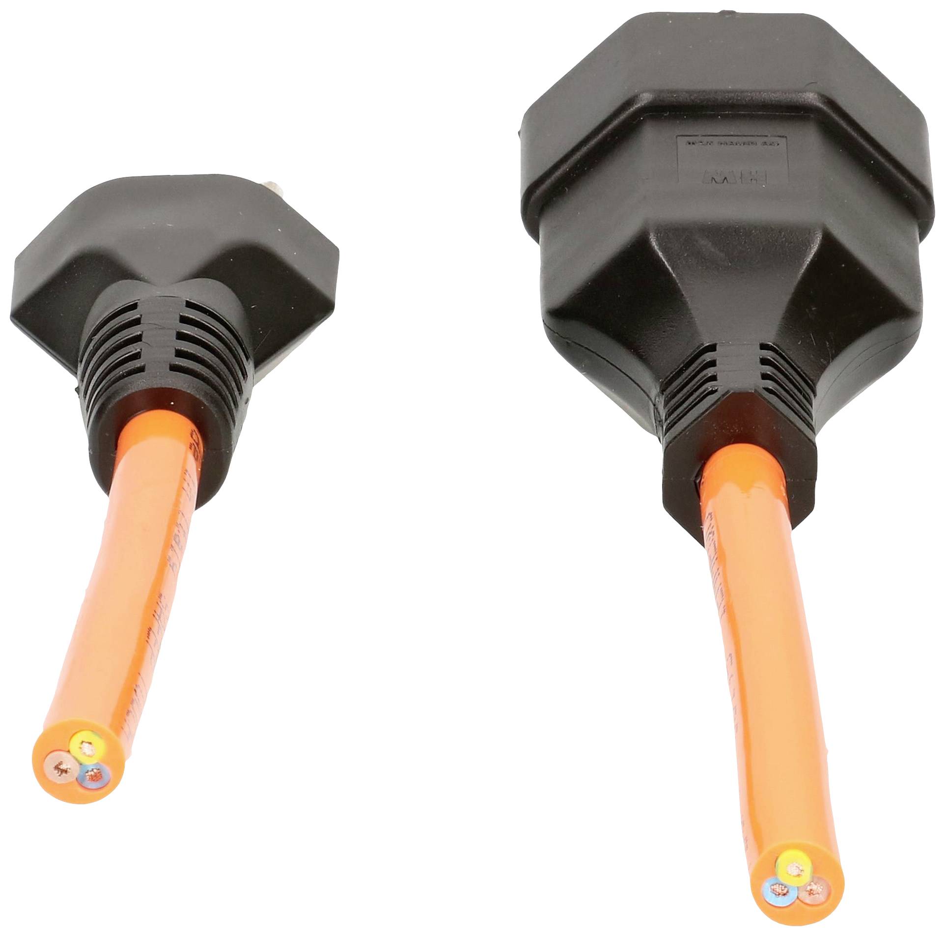 Zwei orangefarbene Elektrokabel mit schwarzen Endstücken, eins groß und eins klein, nebeneinander liegend.