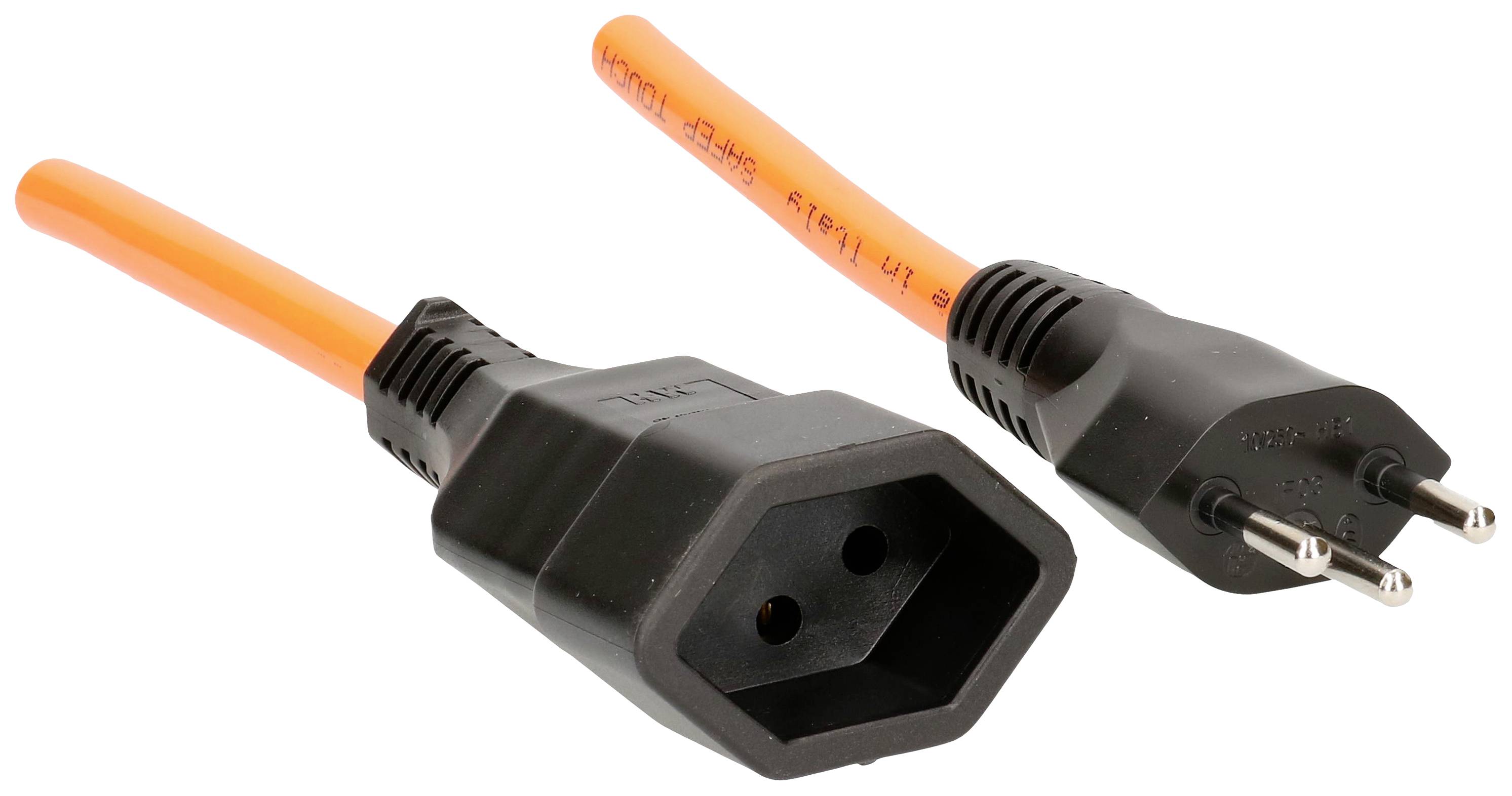 Oranges Netzkabel mit zwei schwarzen Steckverbindern. Links ein dreipoliger Steckdoseneingang, rechts ein zweipoliger Euro-Stecker.