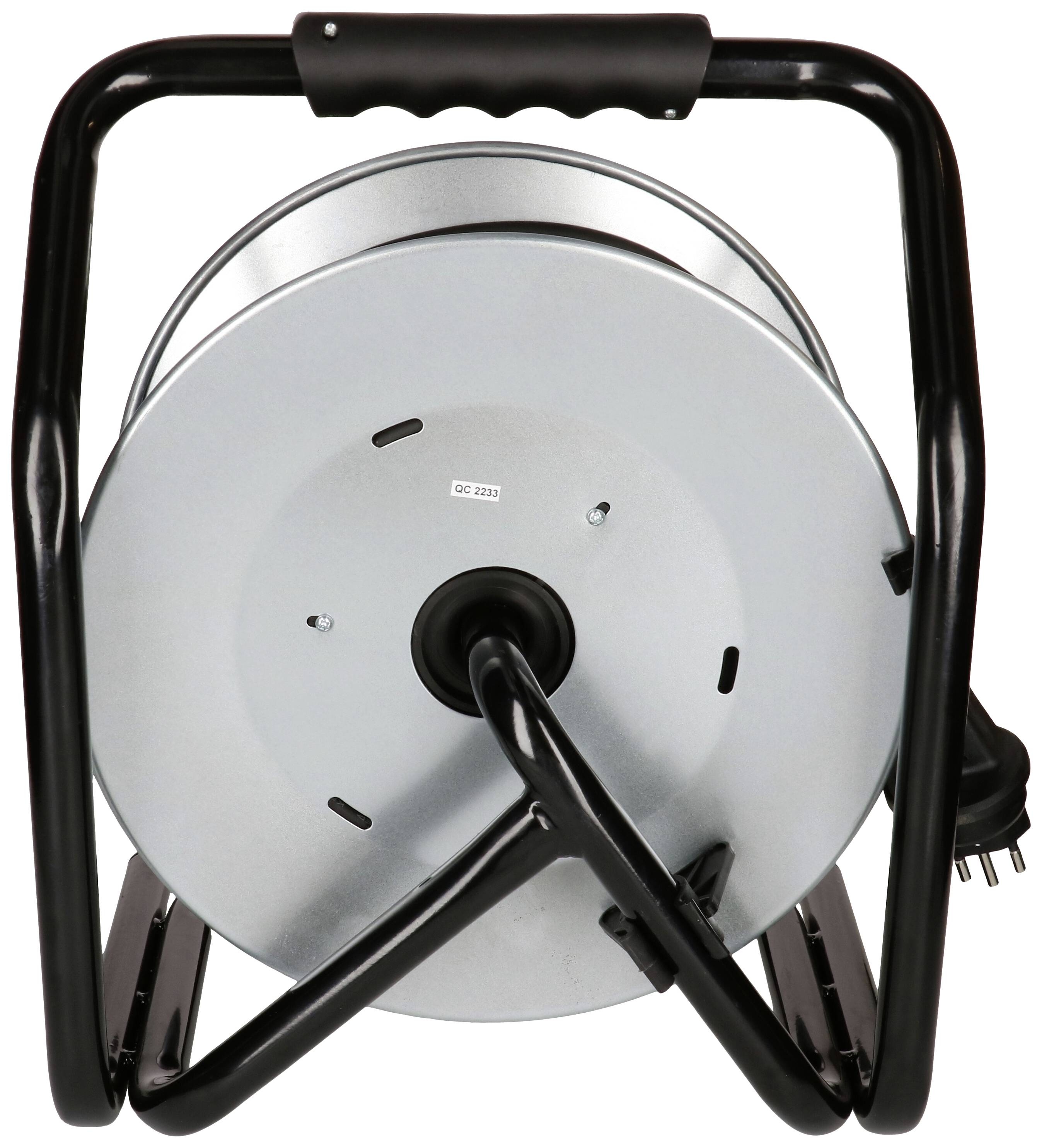 Eine Kabeltrommel aus Metall mit schwarzem Gestell und Kabel. Das Kabel ist teilweise aufgewickelt.