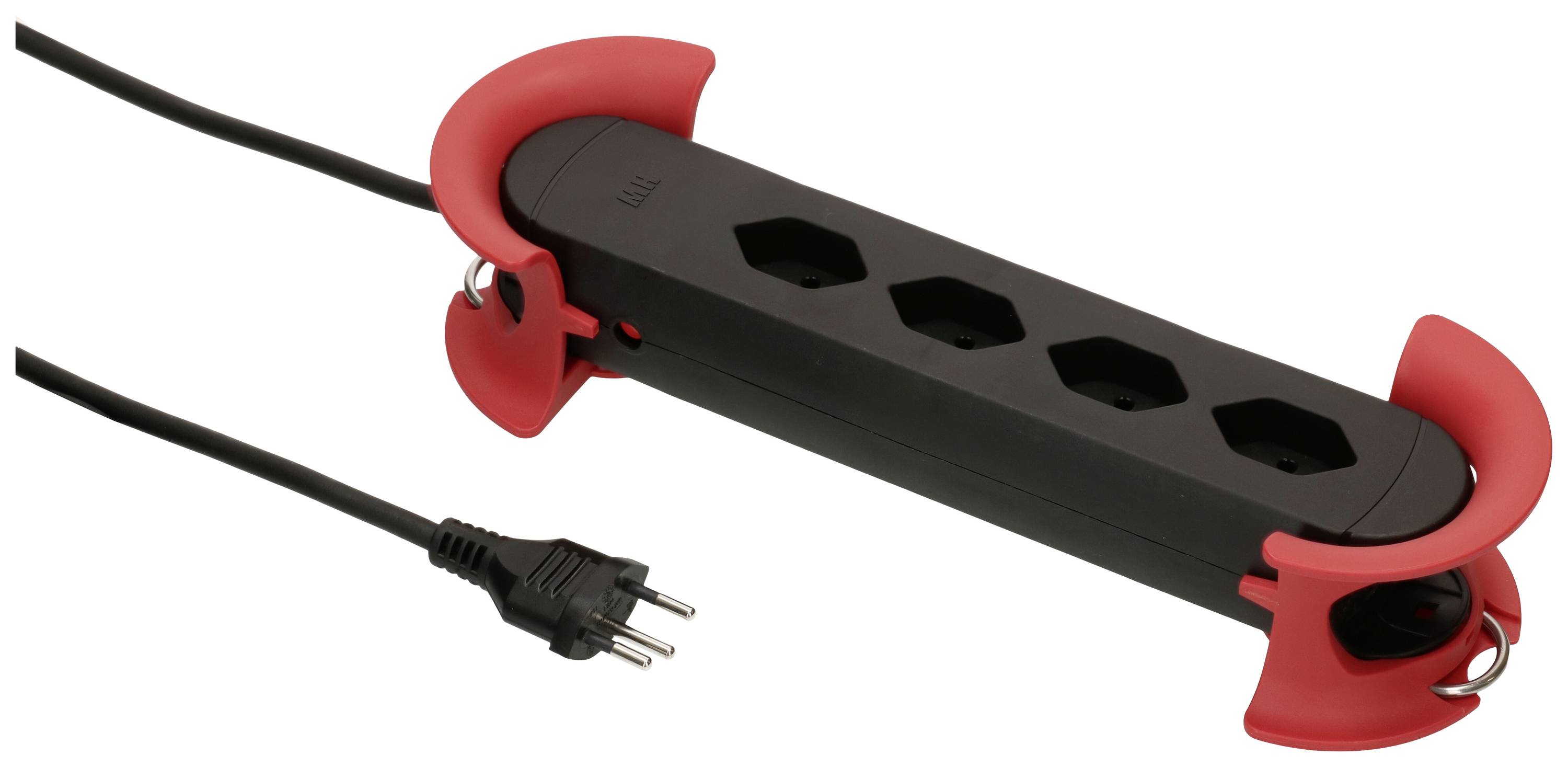 Vierfach-Steckdosenleiste in Schwarz mit roten, gebogenen Endstücken und schwarzem Netzkabel.