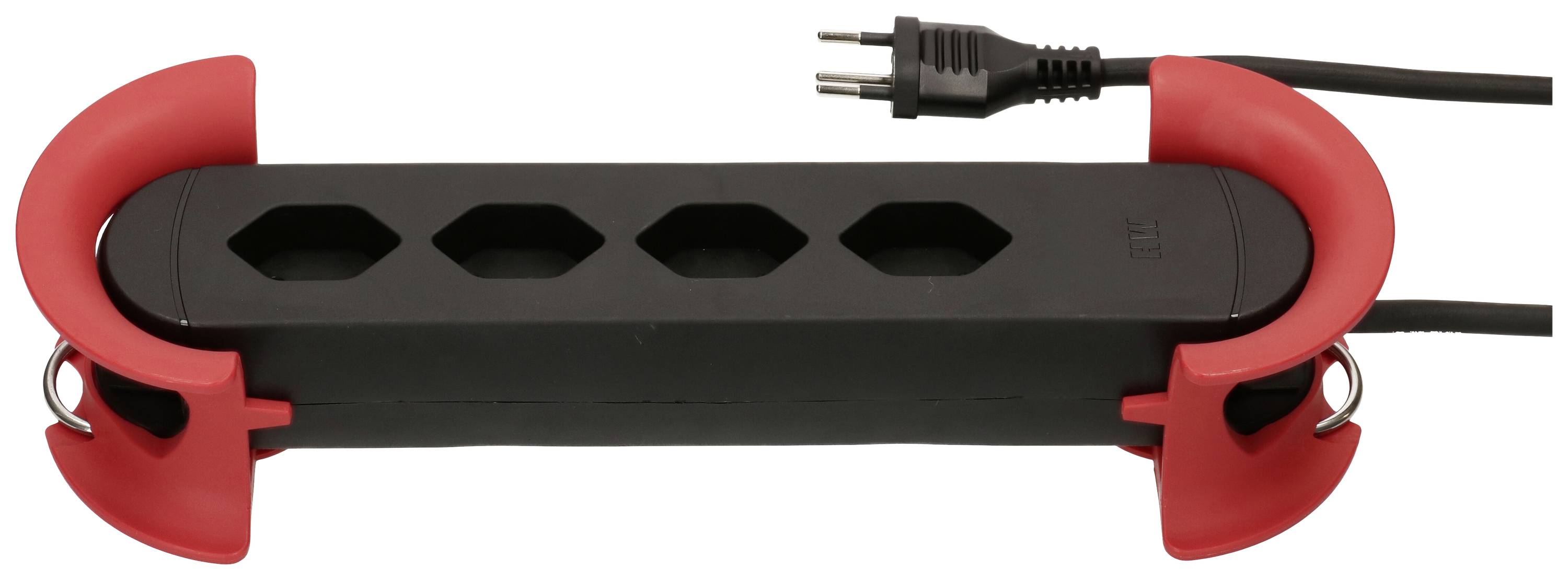 Eine schwarze Steckdosenleiste mit fünf Steckplätzen, umgeben von roten Stoßschutzkappen. Ein Netzkabel mit Schuko-Stecker ist angeschlossen.