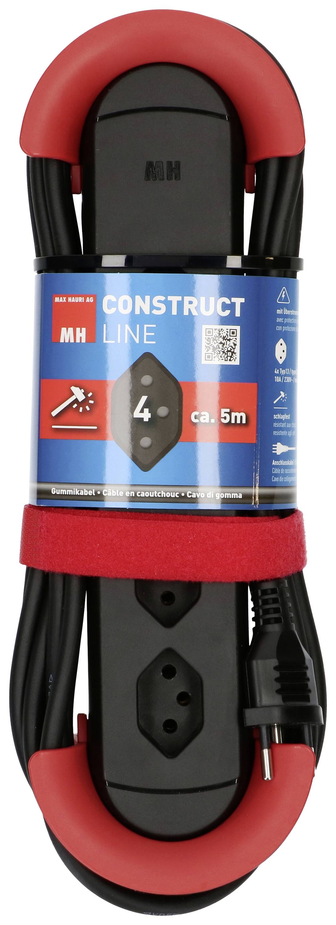 'Kabeltrommel, Construct Line, 5m Länge, mit rotem und schwarzem Design, vier Steckdosen. Eignet sich für den Bau- oder Werkstatteinsatz.'
