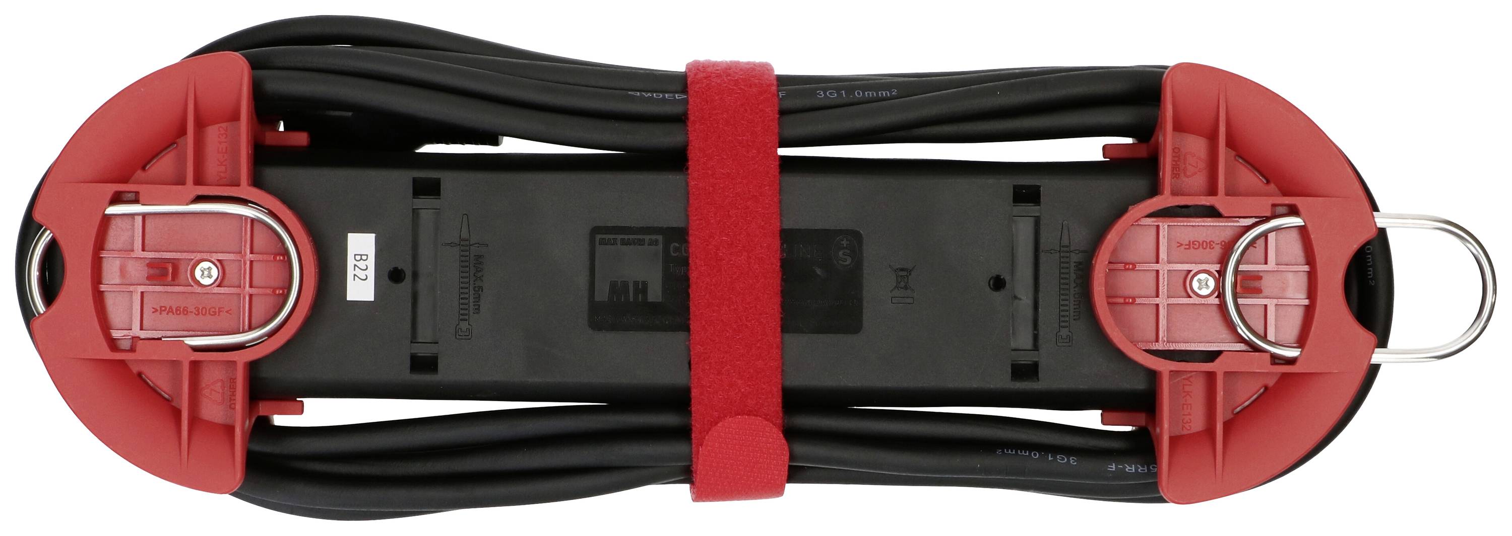 Ein zusammengewickeltes schwarzes Kabel mit roten Enden und einem roten Klettband zur Befestigung.