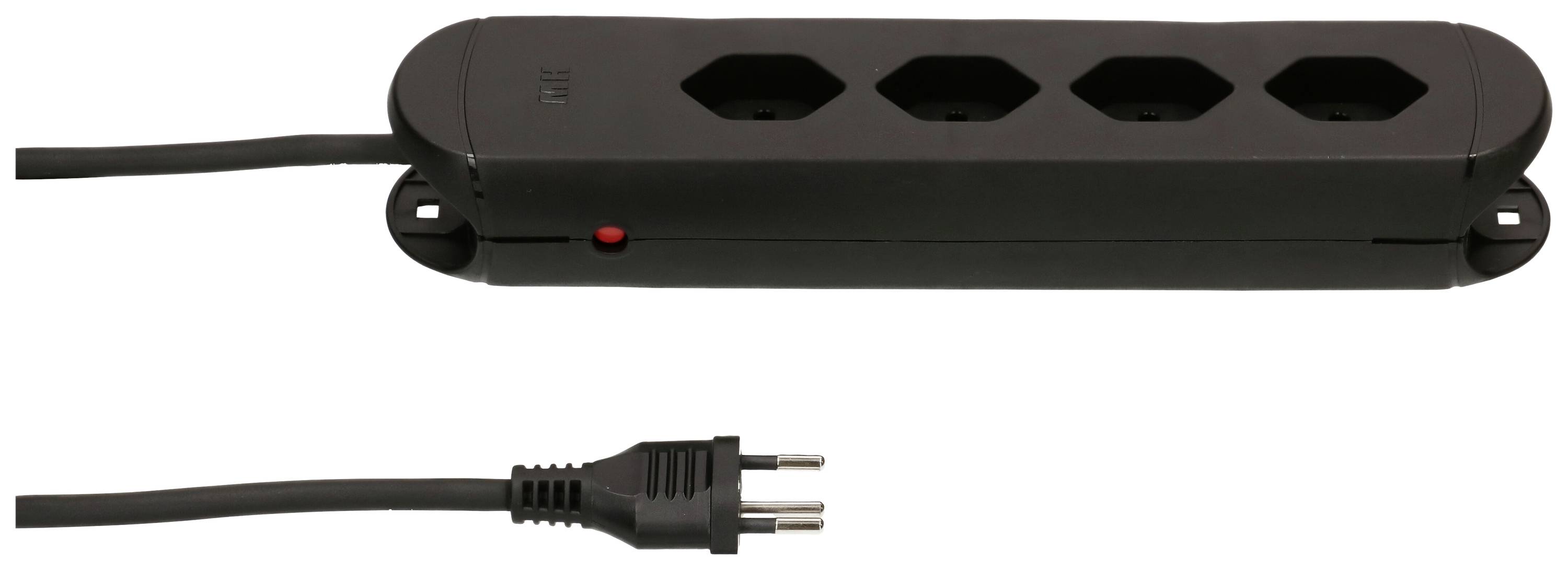 Eine schwarze Steckdosenleiste mit vier Anschlüssen und einem Stecker links. Eine rote Kontrollleuchte zeigt den Betriebsstatus an.