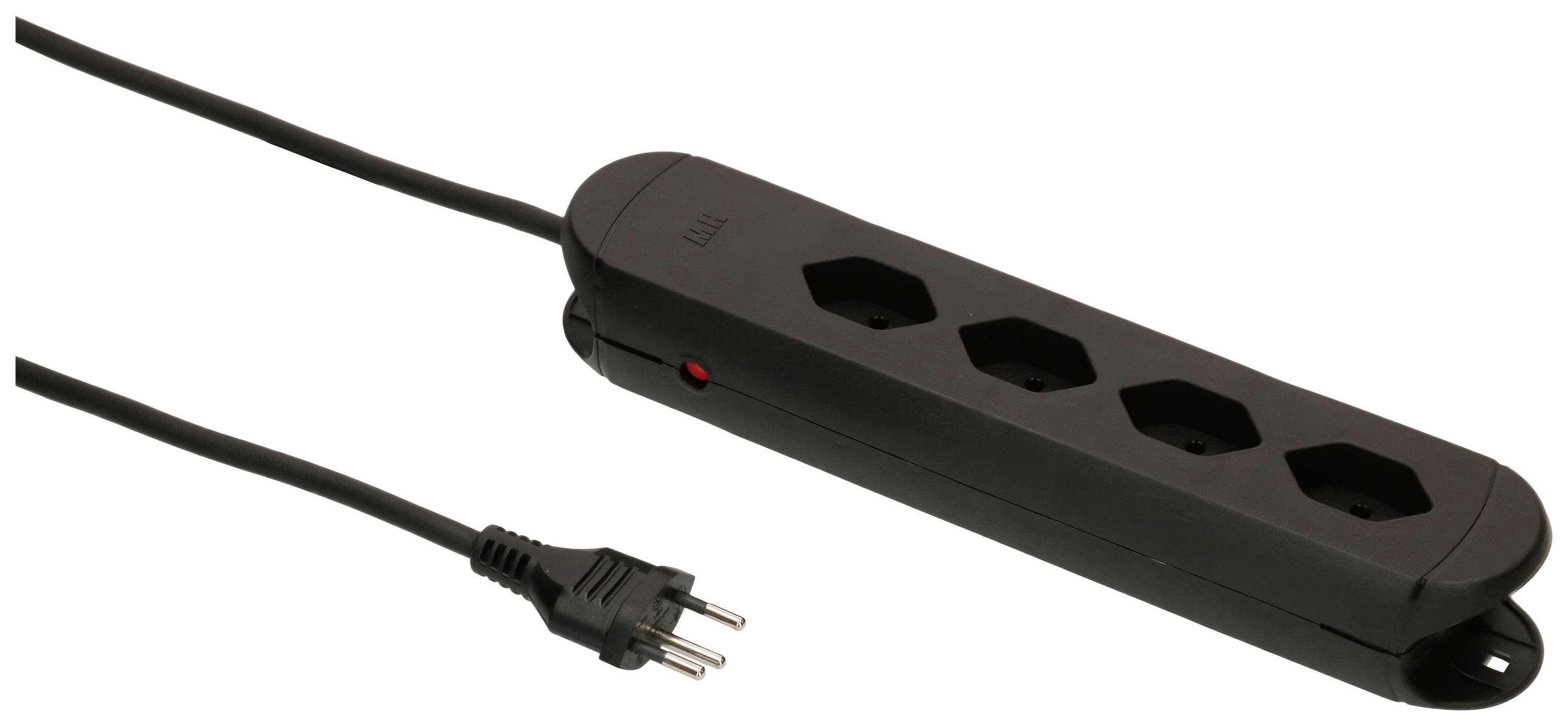 Schwarze Steckdosenleiste mit vier Steckplätzen und einem Netzkabel; geeignet zur Erweiterung von Stromanschlüssen.