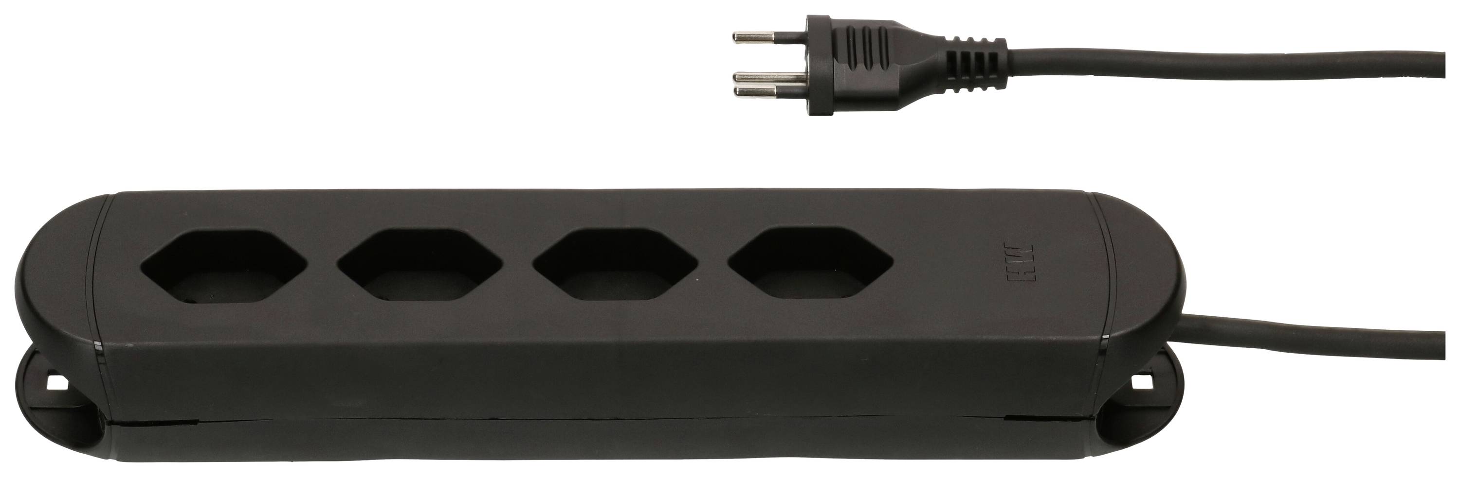 Schwarze Mehrfachsteckdose für fünf Geräte, mit einem Eurostecker an einem Kabel. Geeignet für den Anschluss mehrerer elektronischer Geräte.