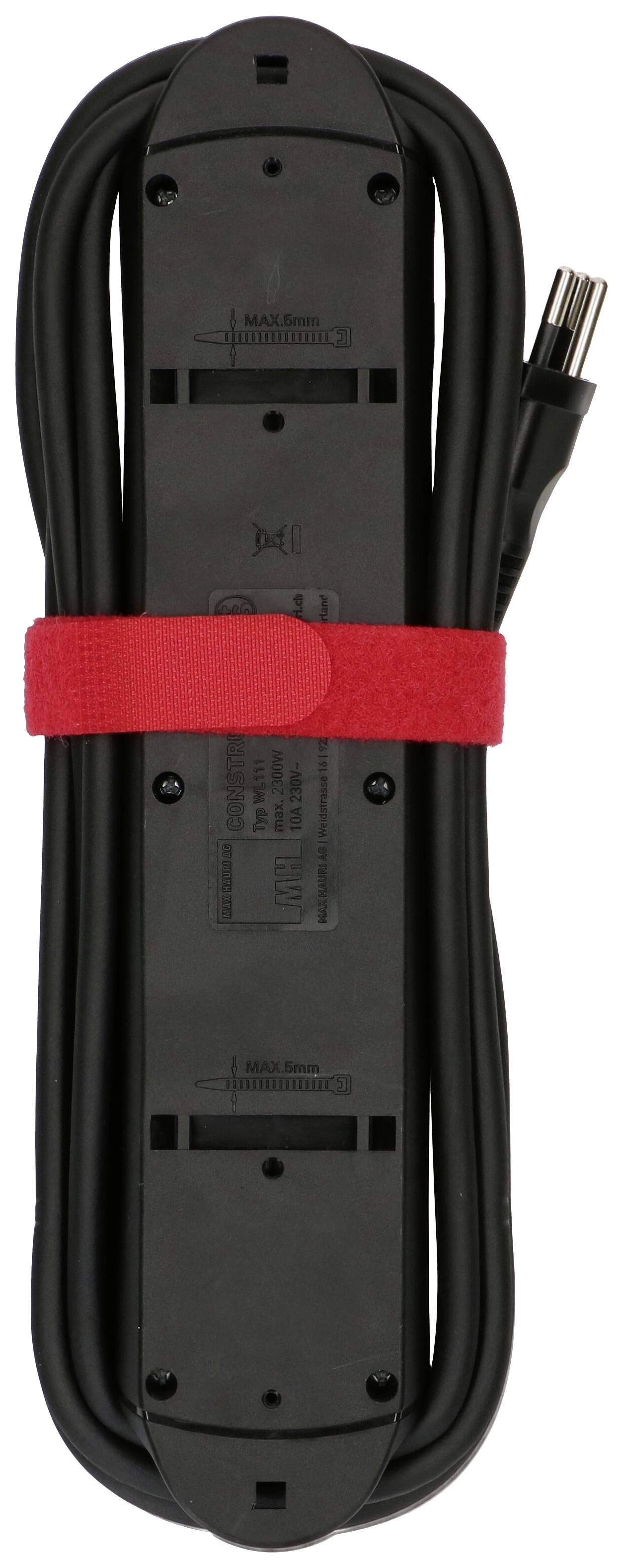 'Schwarzes Netzkabel sauber mit rotem Klettband gebündelt.'