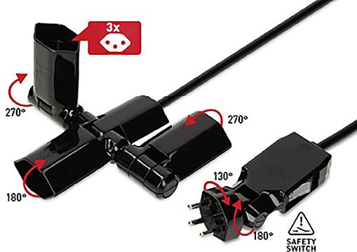 Verbinder mit drei Steckdosen, um 270° und 180° drehbar. Mit Sicherheitschalter, ideal für flexible Stromversorgung.