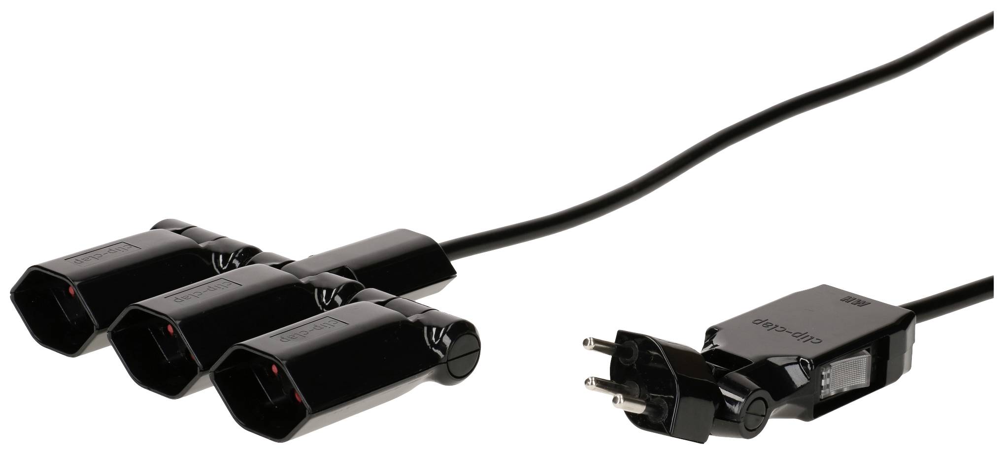 Schwarzer Stromverteiler mit einem Stecker und drei Steckdosen, ideal zur Erhöhung der Anzahl verfügbarer Steckplätze für Elektronikgeräte.