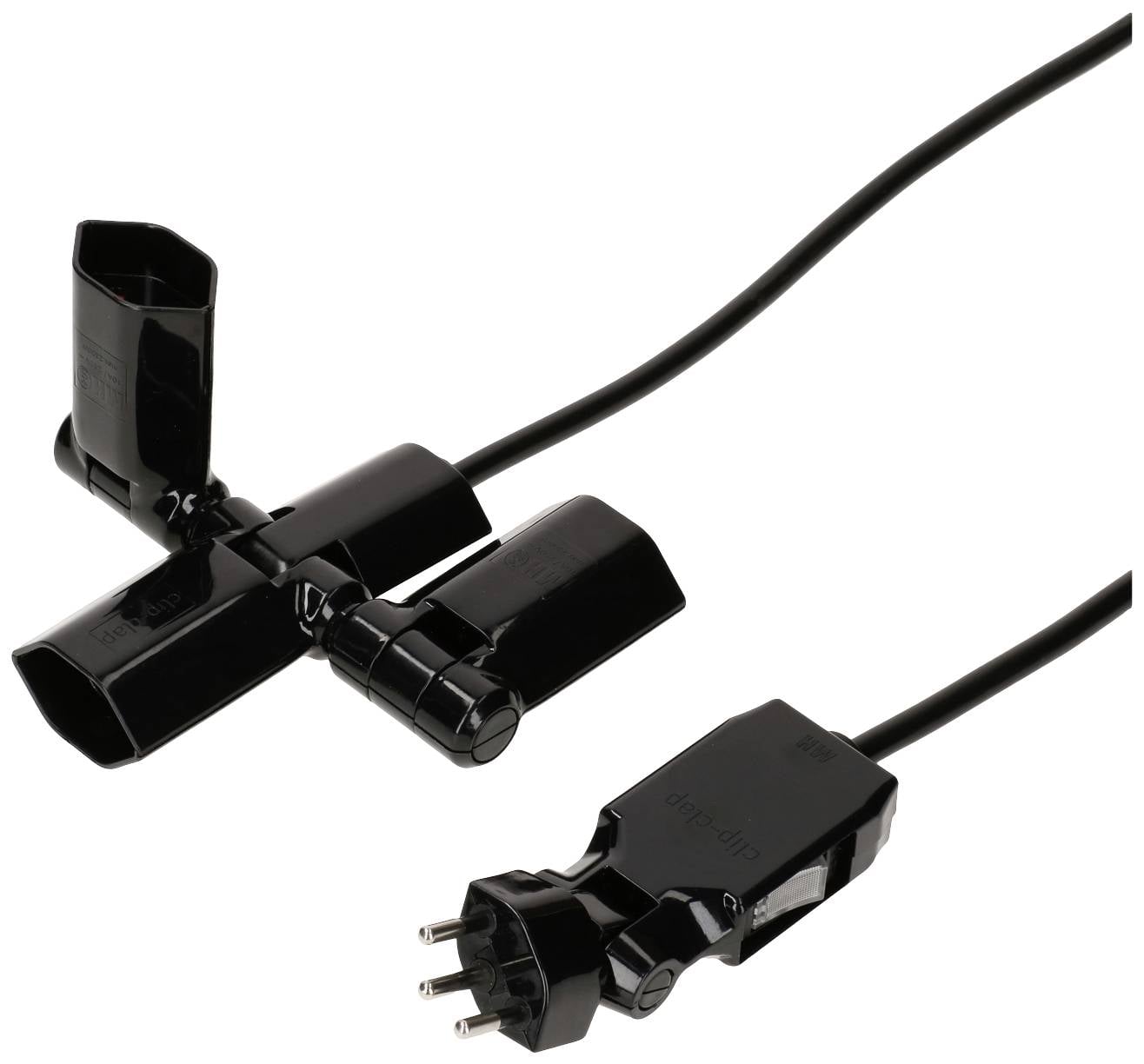 Schwarzes Verlängerungskabel mit drei Steckdosen und einem Stecker am Kabelende, für den elektrischen Anschluss mehrerer Geräte.