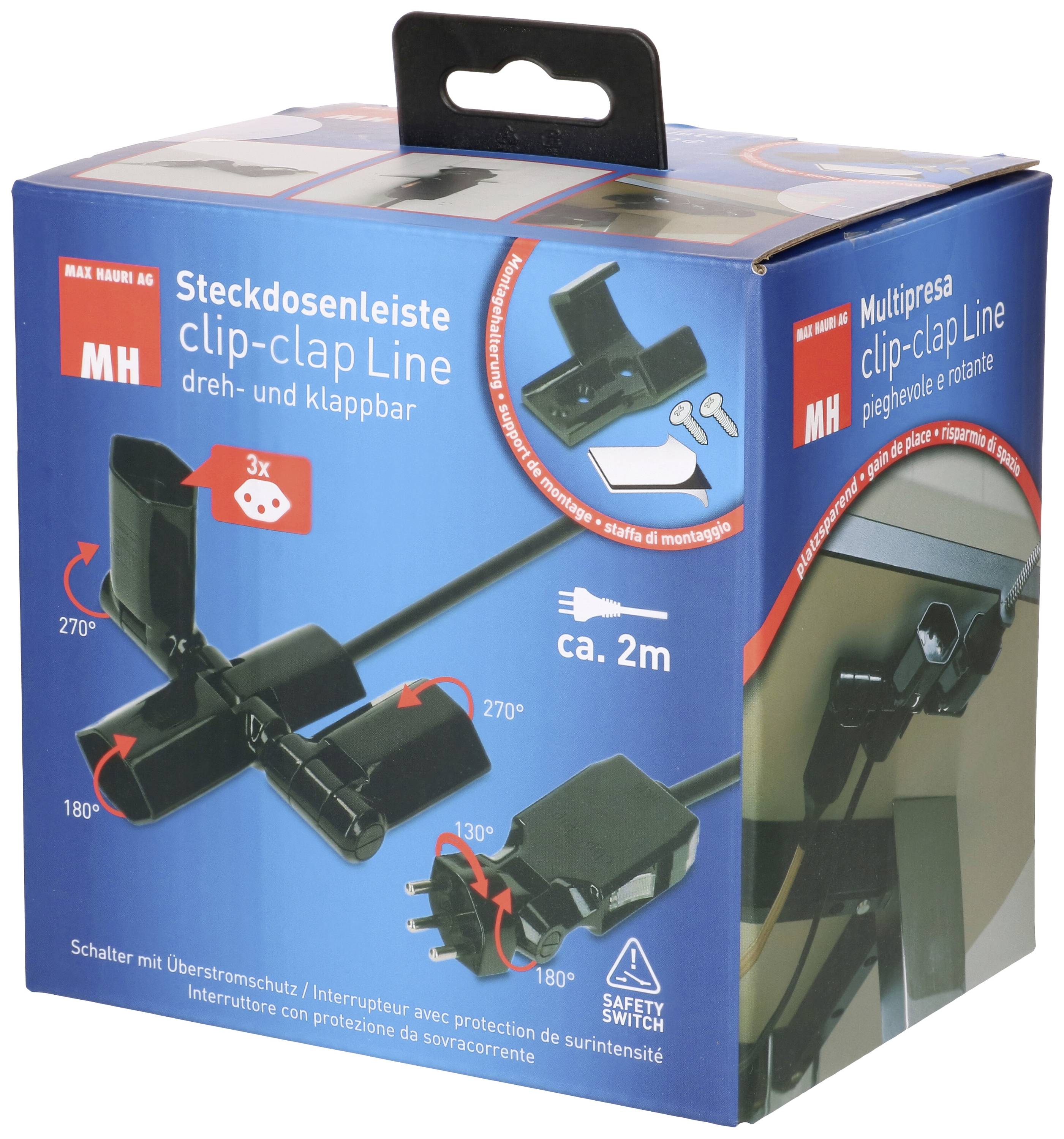 Eine Steckdosenleiste namens 'clip-clap Line' mit dreh- und klappbaren Steckdosen. Auf der Verpackung sind Montagewinkel und Länge von ca. 2 m angegeben.