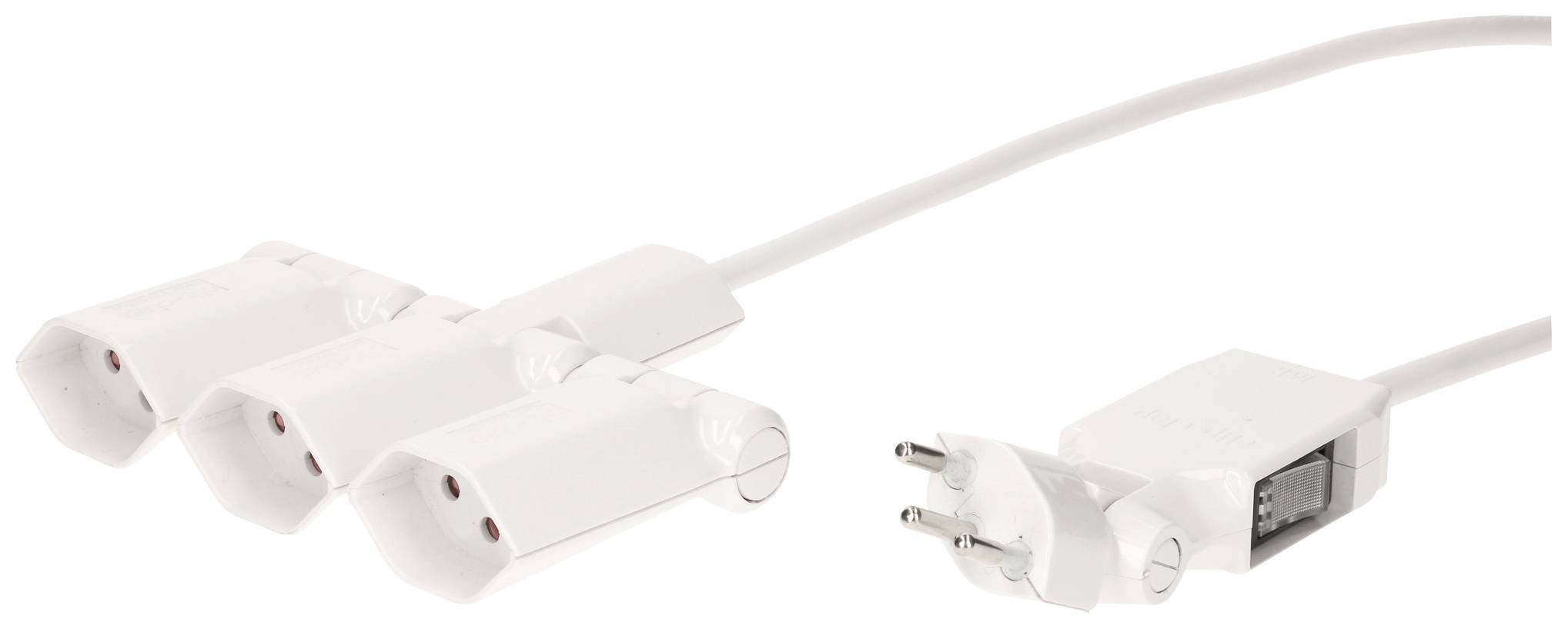 Weißer Stromadapter mit drei Steckdosen in einer Reihe und einem Stecker zur Stromversorgung, geeignet für den Hausgebrauch.