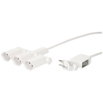 Weißer Stromadapter mit drei Steckdosen in einer Reihe und einem Stecker zur Stromversorgung, geeignet für den Hausgebrauch.