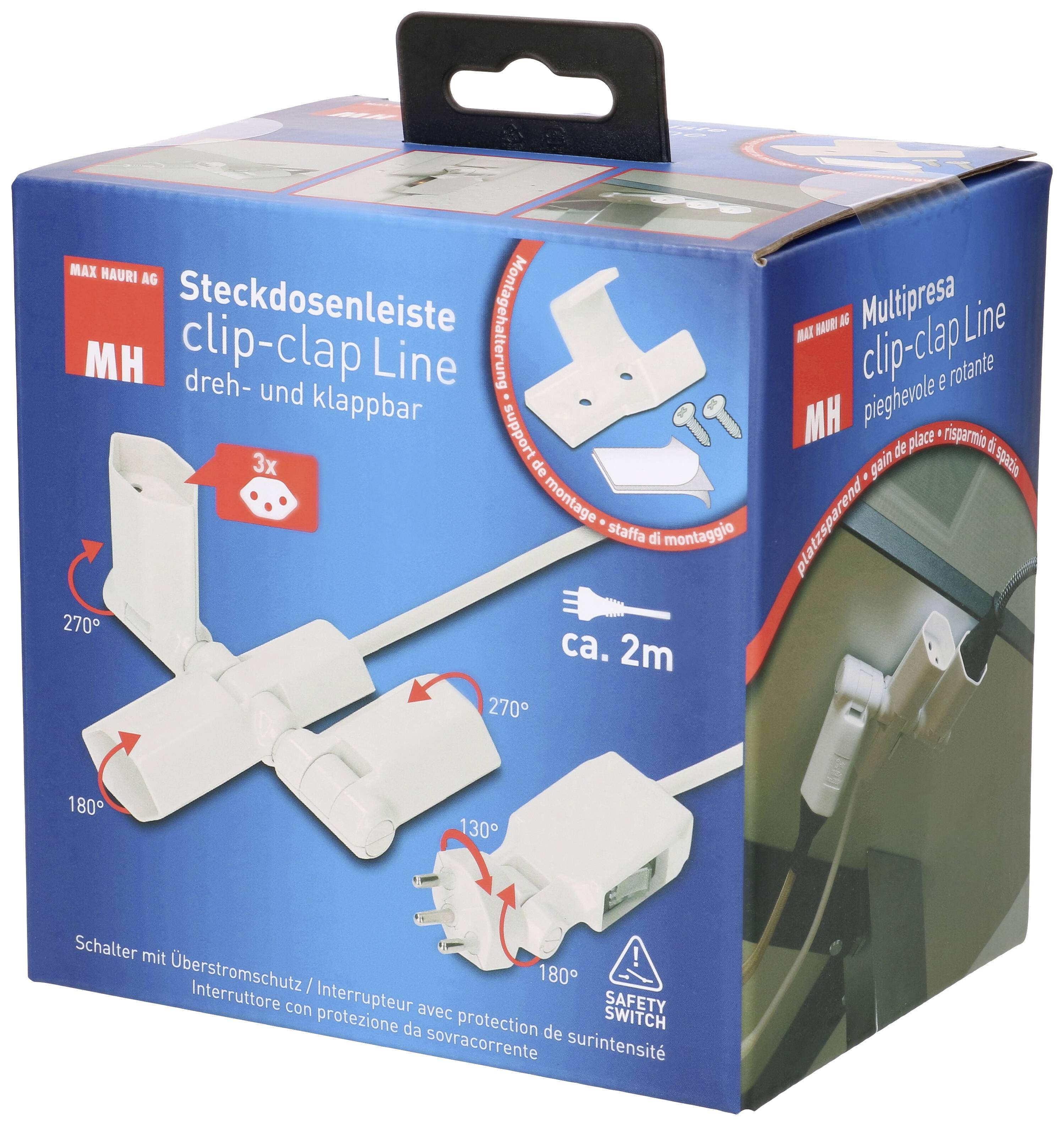 'Steckdosenleiste clip-clap Line' von Marke 'Max Mauer'. Enthält 3 Steckdosen, dreh- und klappbar, 2m Kabel, Kinderschutz, Überstromschutz.