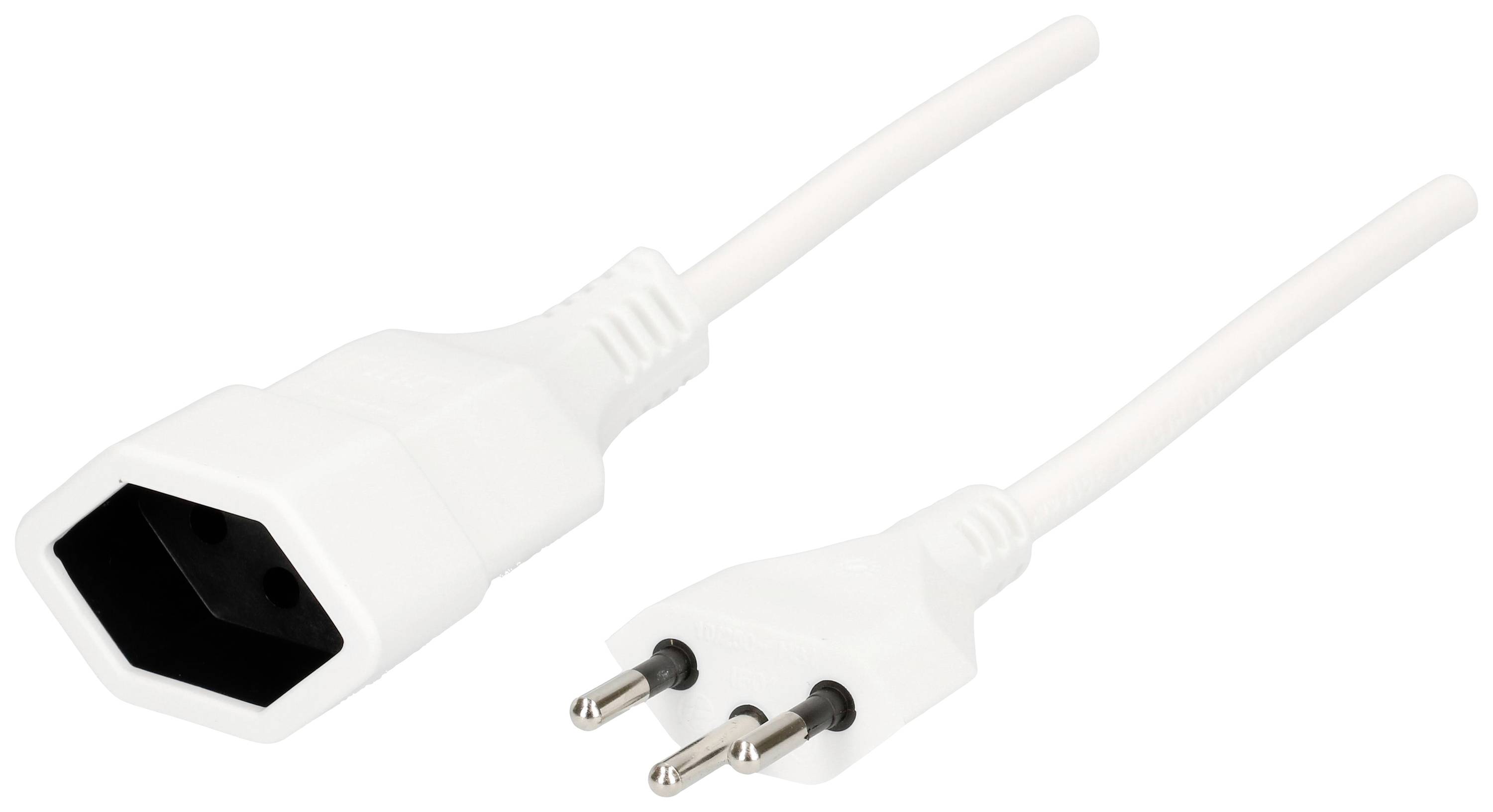 Ein weißes Netzkabel mit einem Schuko-Stecker auf der einen Seite und einem Gerätestecker auf der anderen.