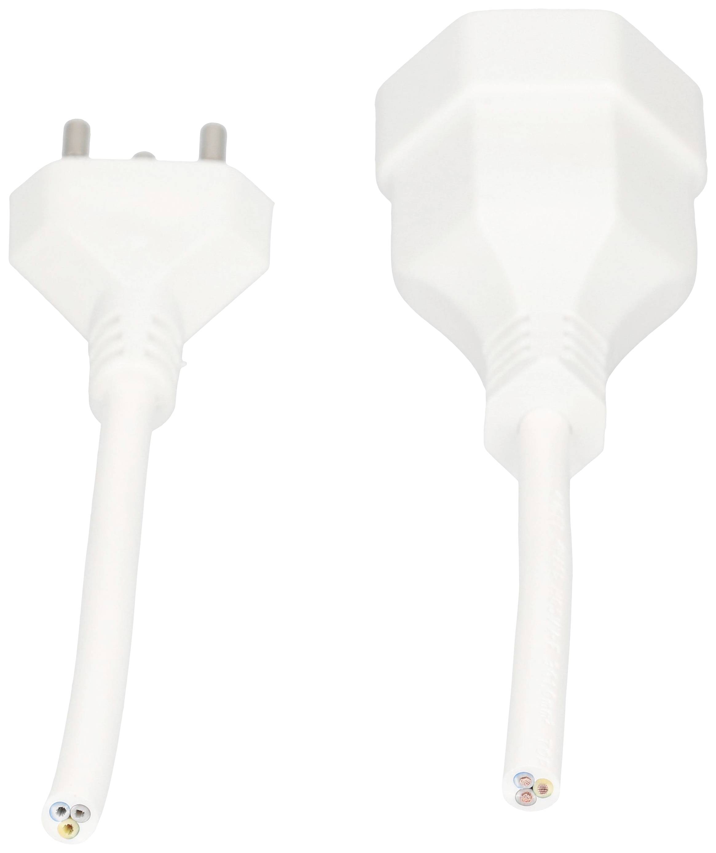 Zwei weiße Stromkabel, eines mit einem europäischen Stecker, das andere abgeschnitten, zeigen die inneren Drähte in Rot, Gelb und Blau.