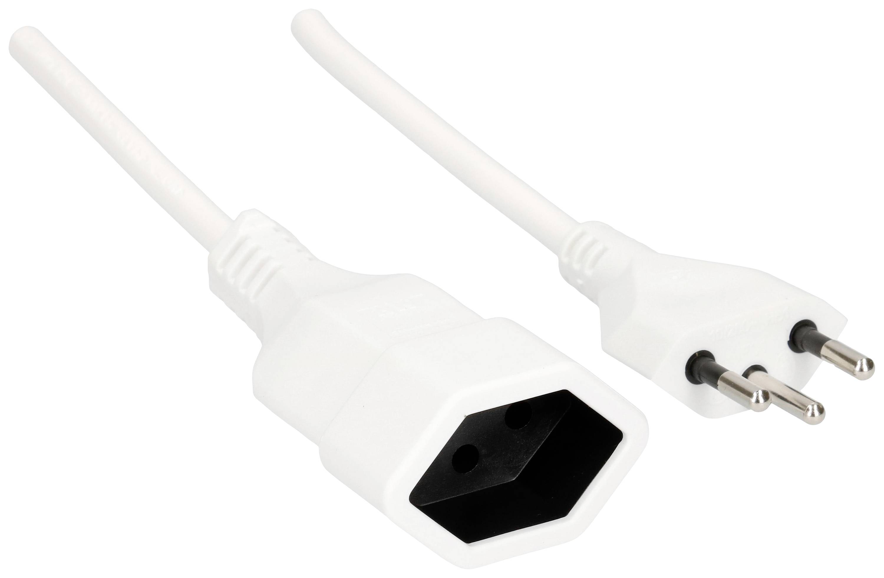 Ein weißes Netzkabel mit einem zweipoligen Eurostecker auf der einen Seite und einer Kaltgerätebuchse auf der anderen Seite.