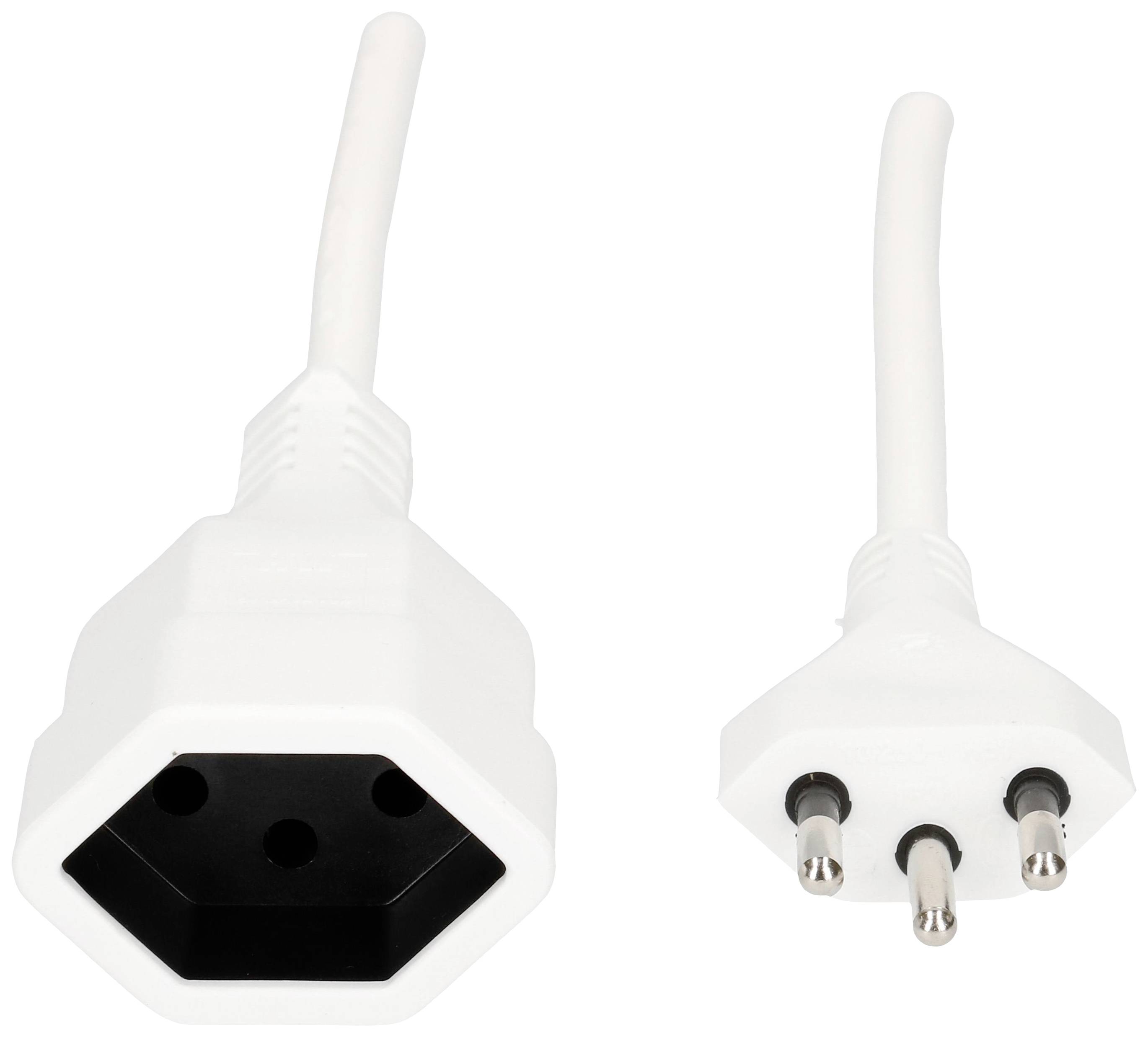 Weißer Schweizer Stecker und Buchse nebeneinander, zeigt Elektroanschlüsse für europäische Geräte.