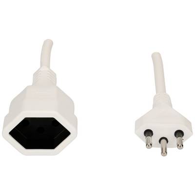 Weiße Stromadapter: links eine Steckdosenbuchse, rechts ein dreipoliger Stecker.