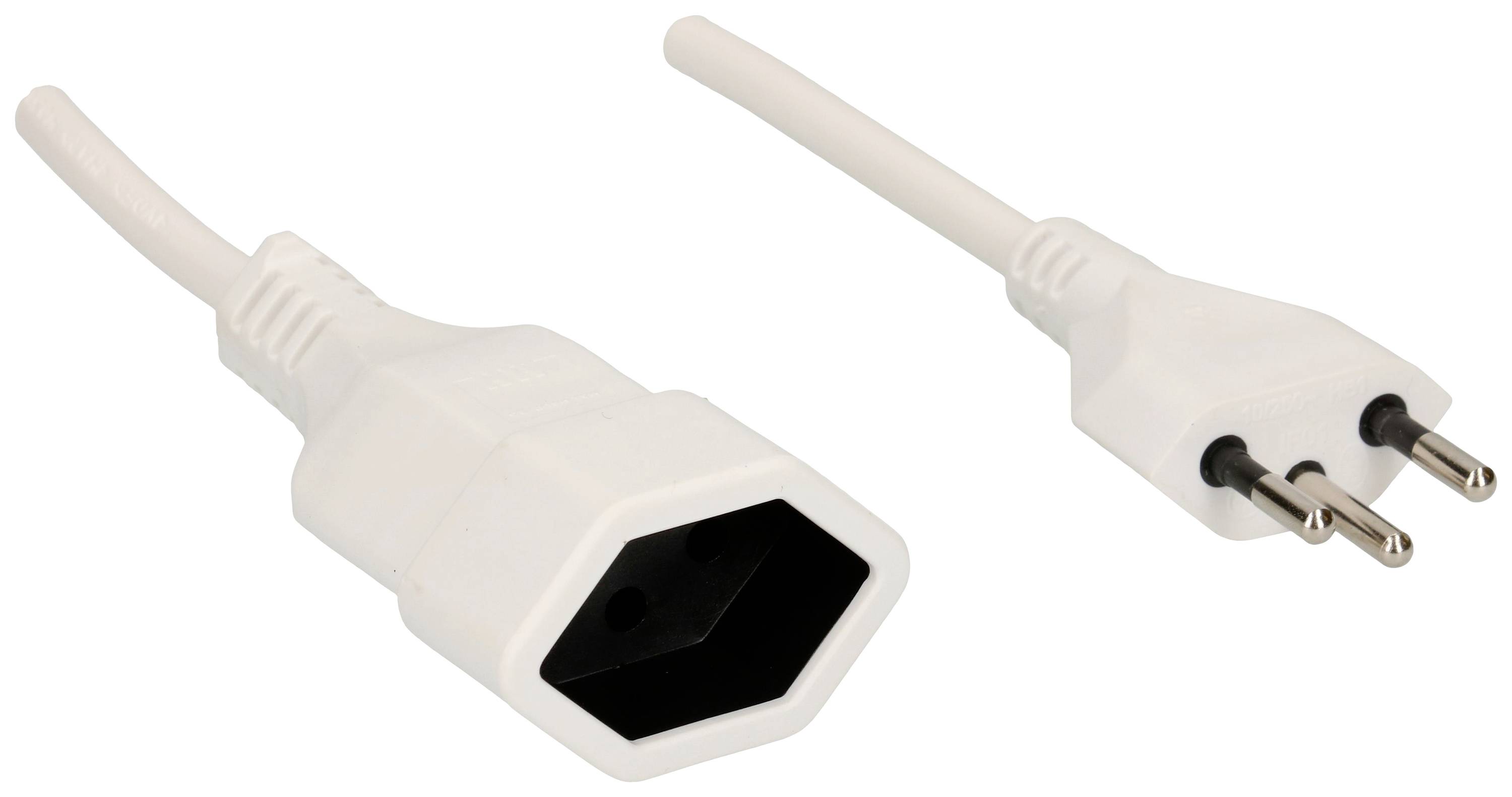 'Ein weißes Netzkabel mit einem männlichen Eurostecker und einer weiblichen C13-Buchse, häufig für elektronische Geräte genutzt.'