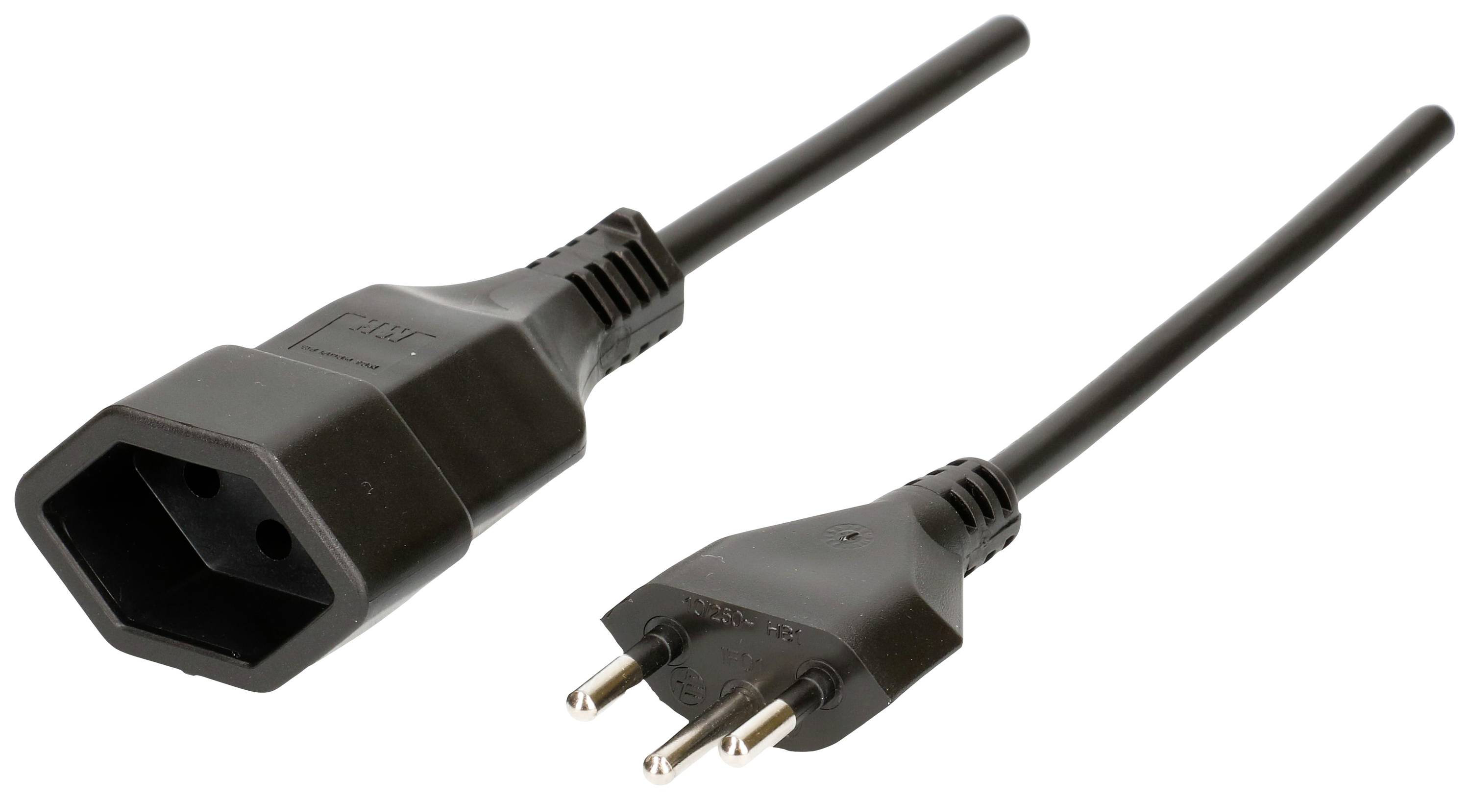 'Netzkabel mit Schuko-Stecker und IEC-320-C13-Kupplung, geeignet für den Anschluss von Geräten an eine Stromquelle.'