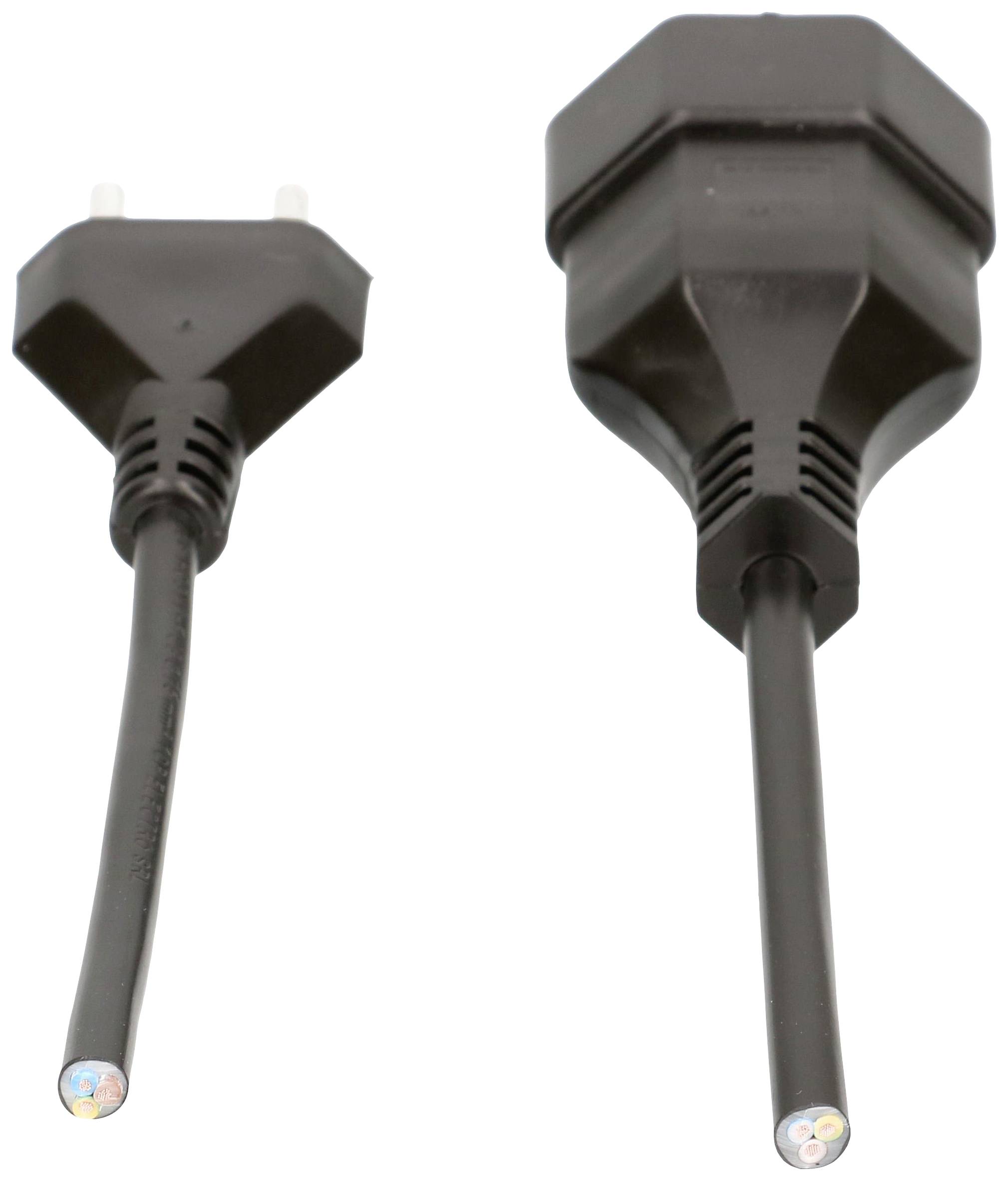 Zwei schwarze europäische Netzstecker mit teilweise abisolierten Kabelenden, die stromführende Drähte zeigen.