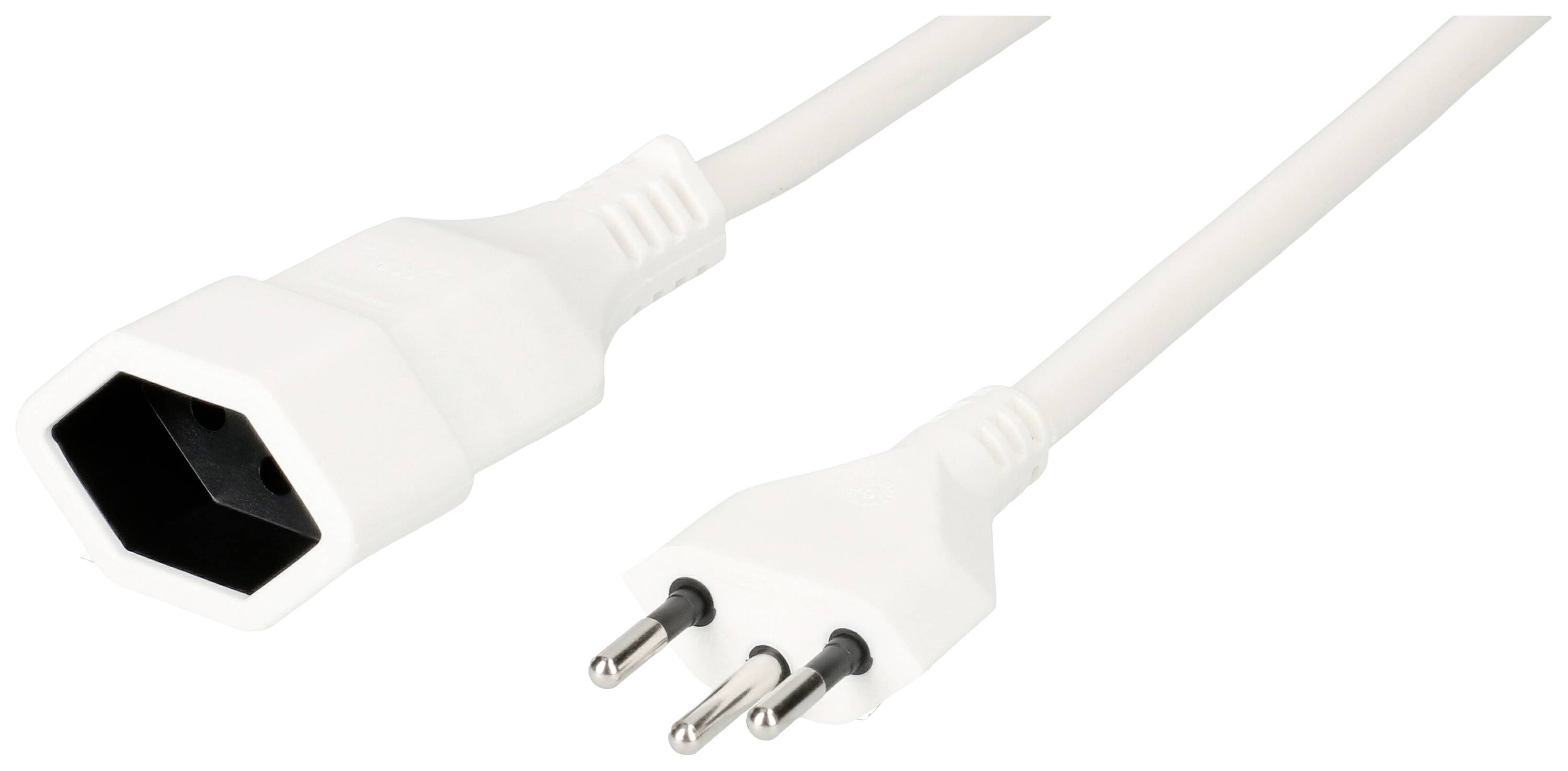 Ein weißes Elektrogerätkabel mit dreipoligem Stecker rechts und einer hexagonalen Buchse links auf einem weißen Hintergrund.