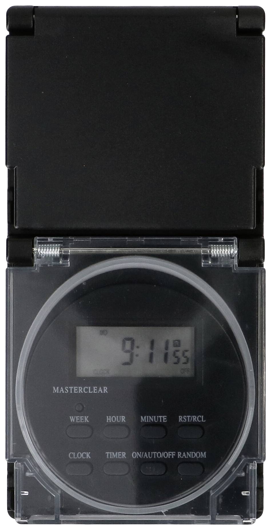 Digitale Zeitschaltuhr mit aktuellem Display, zeigt 9:11 Uhr an. Tasten für Woche, Stunde, Minute zur Programmierung unten.