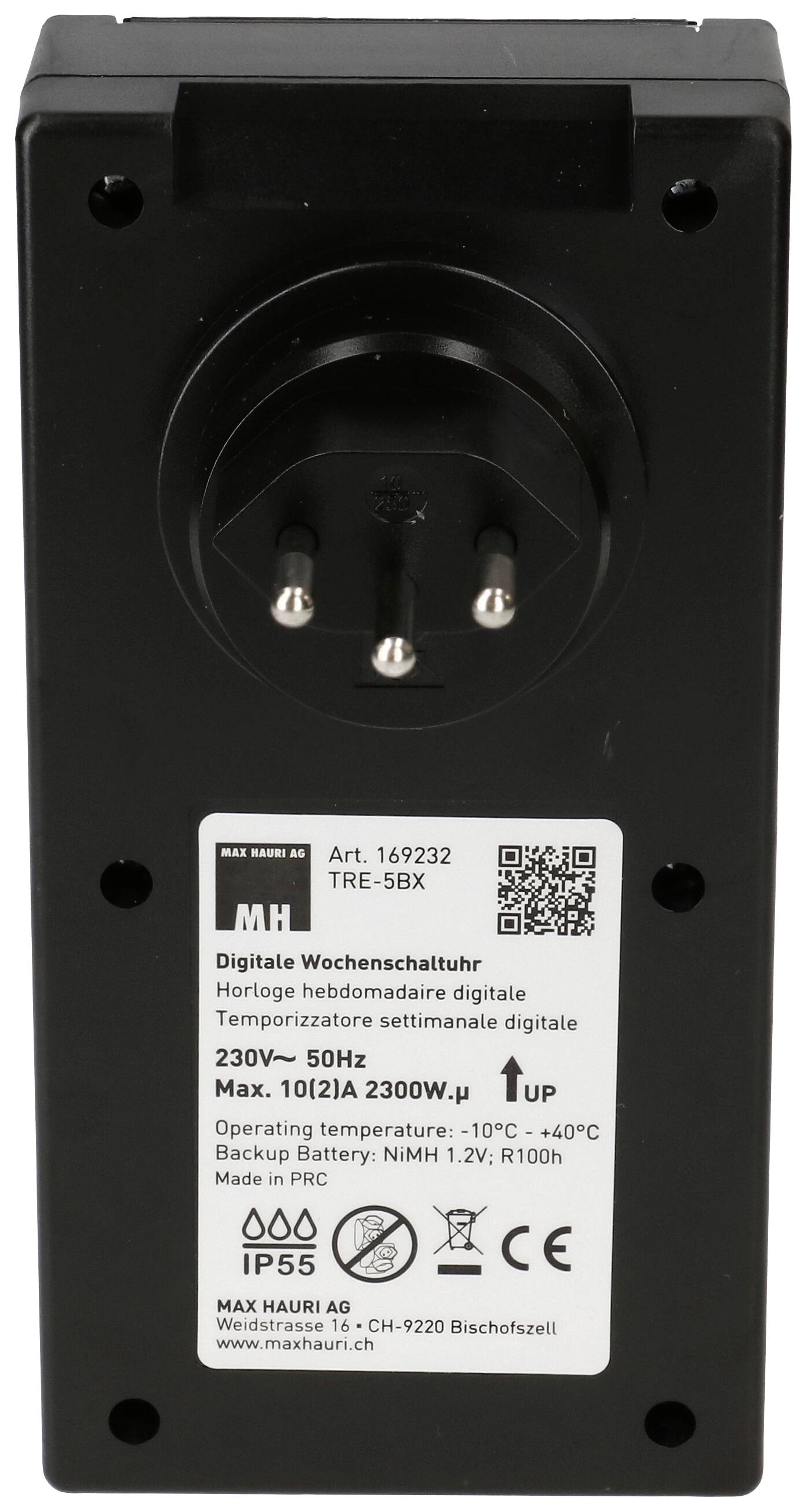 'Digitale Wochenschaltuhr' mit technischen Details: 230V, 50Hz, max. 10(2)A, 2300W, Betriebstemperatur -10°C bis +40°C, Schutzklasse IP55.