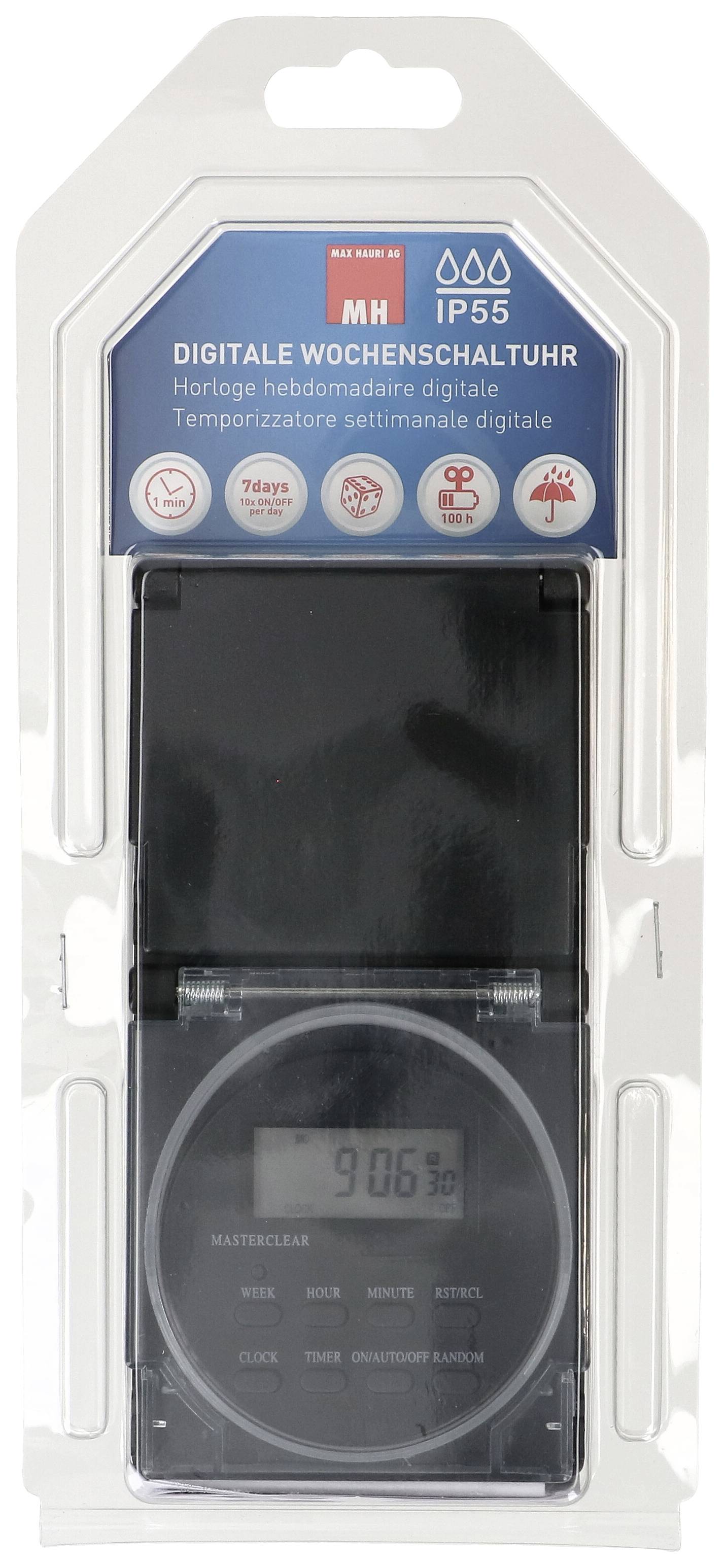 Digitale Wochenschaltuhr in Verpackung, zeigt aktuelle Uhrzeit auf LCD-Display. Ideal für automatische Steuerung elektrischer Geräte.