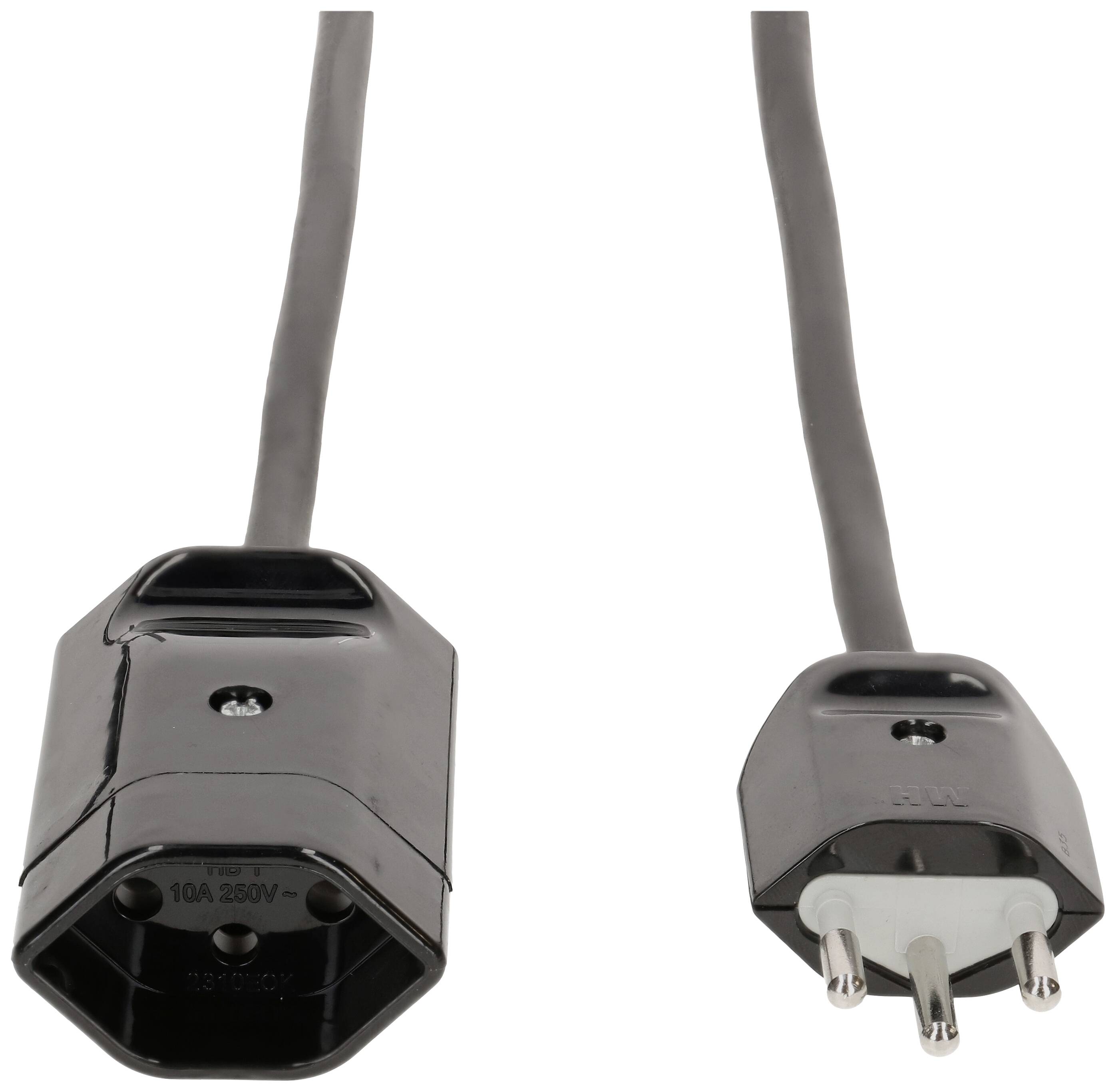 Zwei schwarze Elektrostecker mit drei Stiften und passenden Buchsen. Sie sind für eine Spannung von 250V und Stromstärke von 10A geeignet.