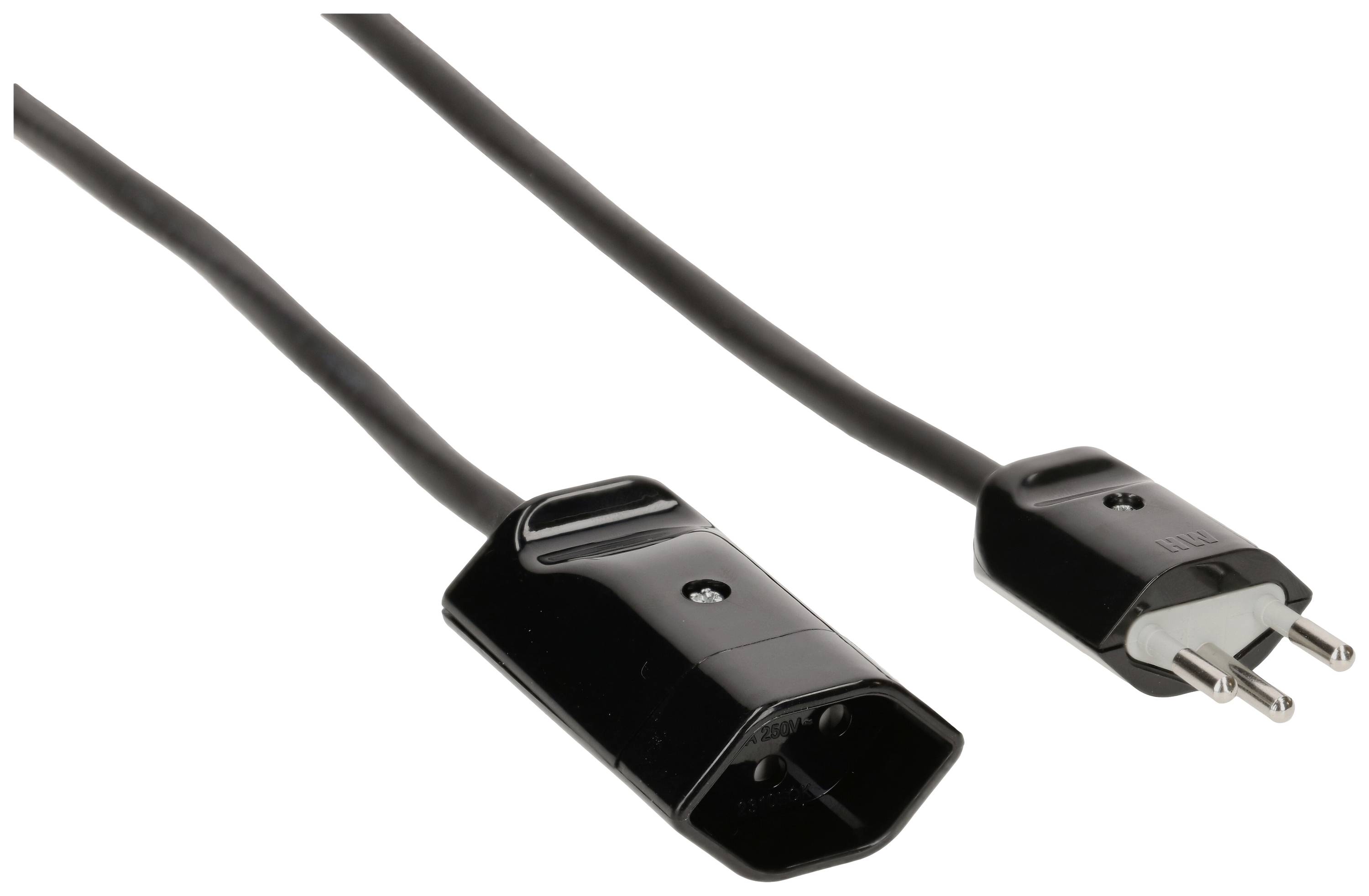 Stromkabel mit einem Eurostecker auf einer Seite und einer Buchse auf der anderen Seite.