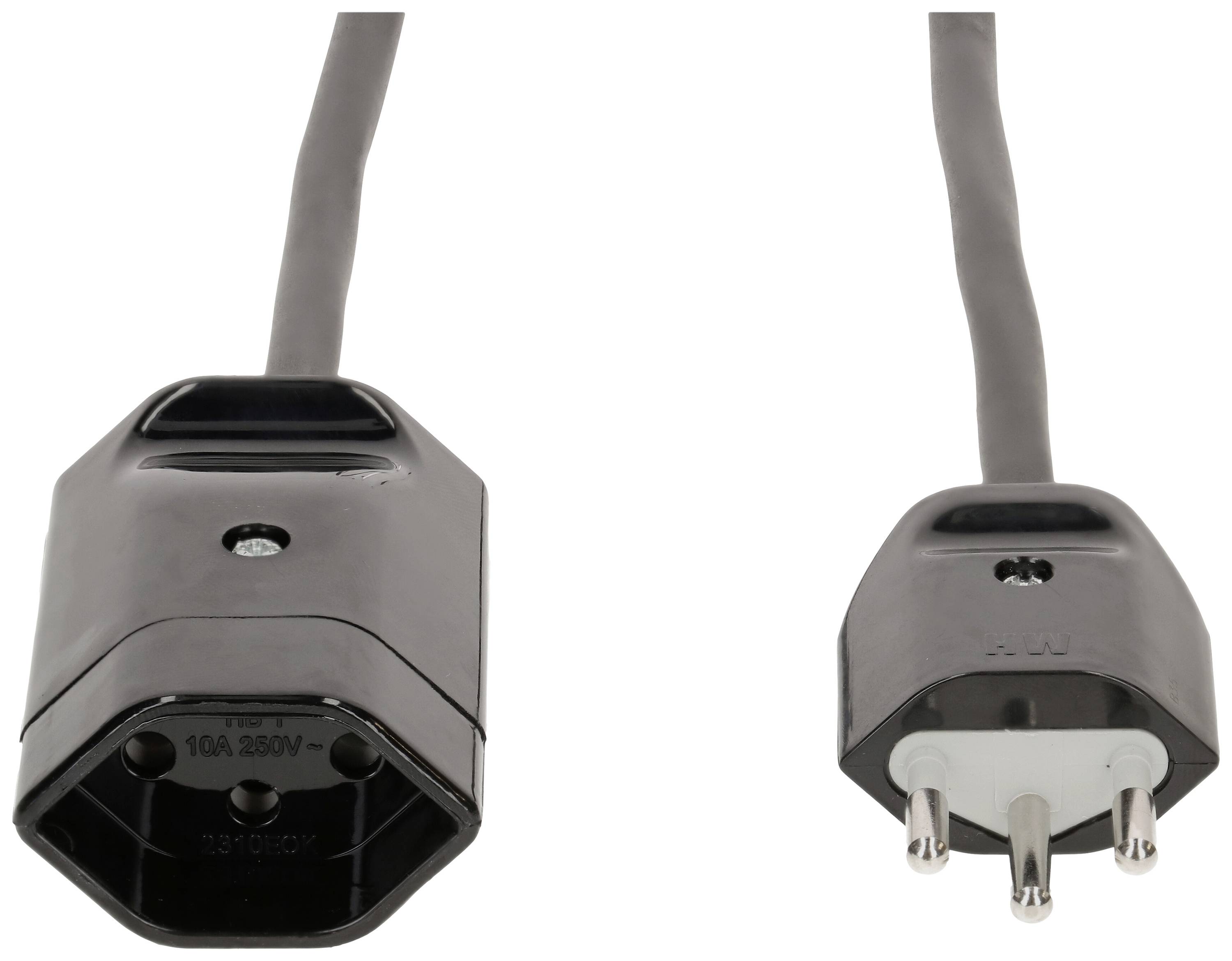 Ein schwarzes Stromkabel mit einem sechseckigen Buchsenstecker und einem runden Stecker mit drei Stiften. Geeignet für 250V, 10A.