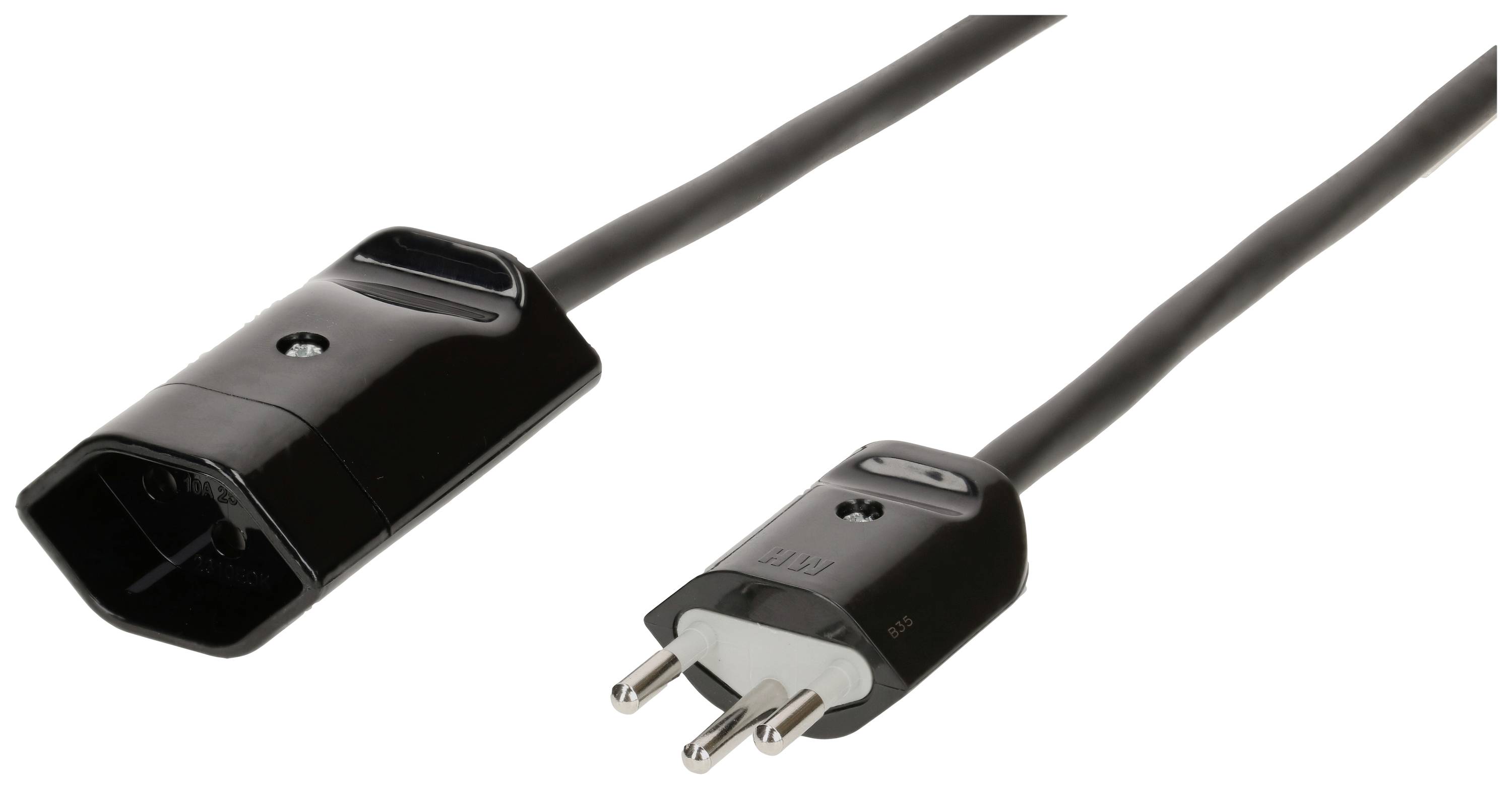 Stromkabel mit C13-Buchse und Euro-Stecker, geeignet für Computer oder elektronische Geräte.