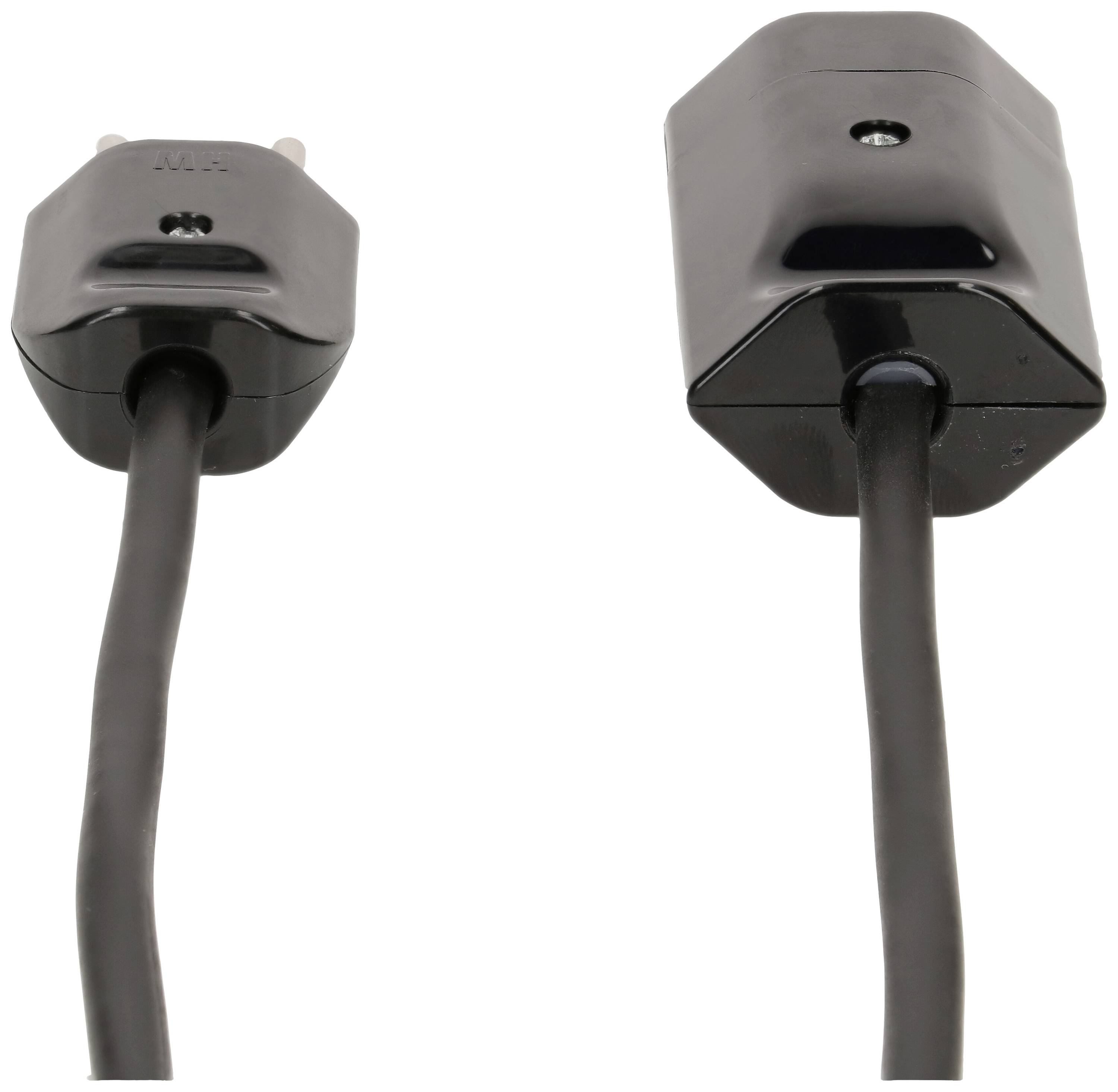 'Zwei schwarze Netzkabel mit Eurostecker auf weißem Hintergrund, eines zeigt den Stecker, das andere die Buchse.'