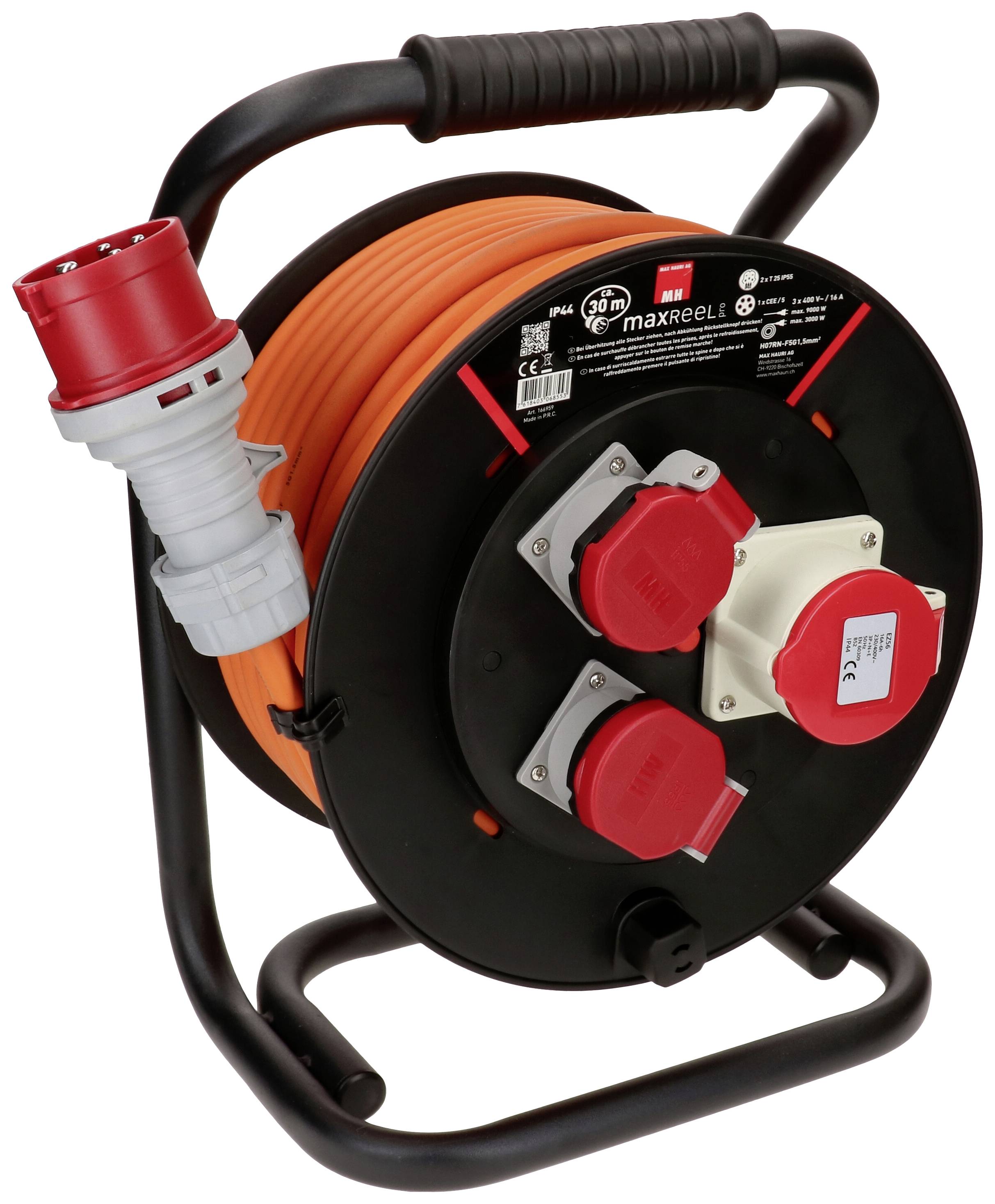 Ein schwarzer Kabeltrommel mit orangem Kabel, rotem Stecker und mehreren Steckdosenanschlüssen, geeignet für Industriestrom.