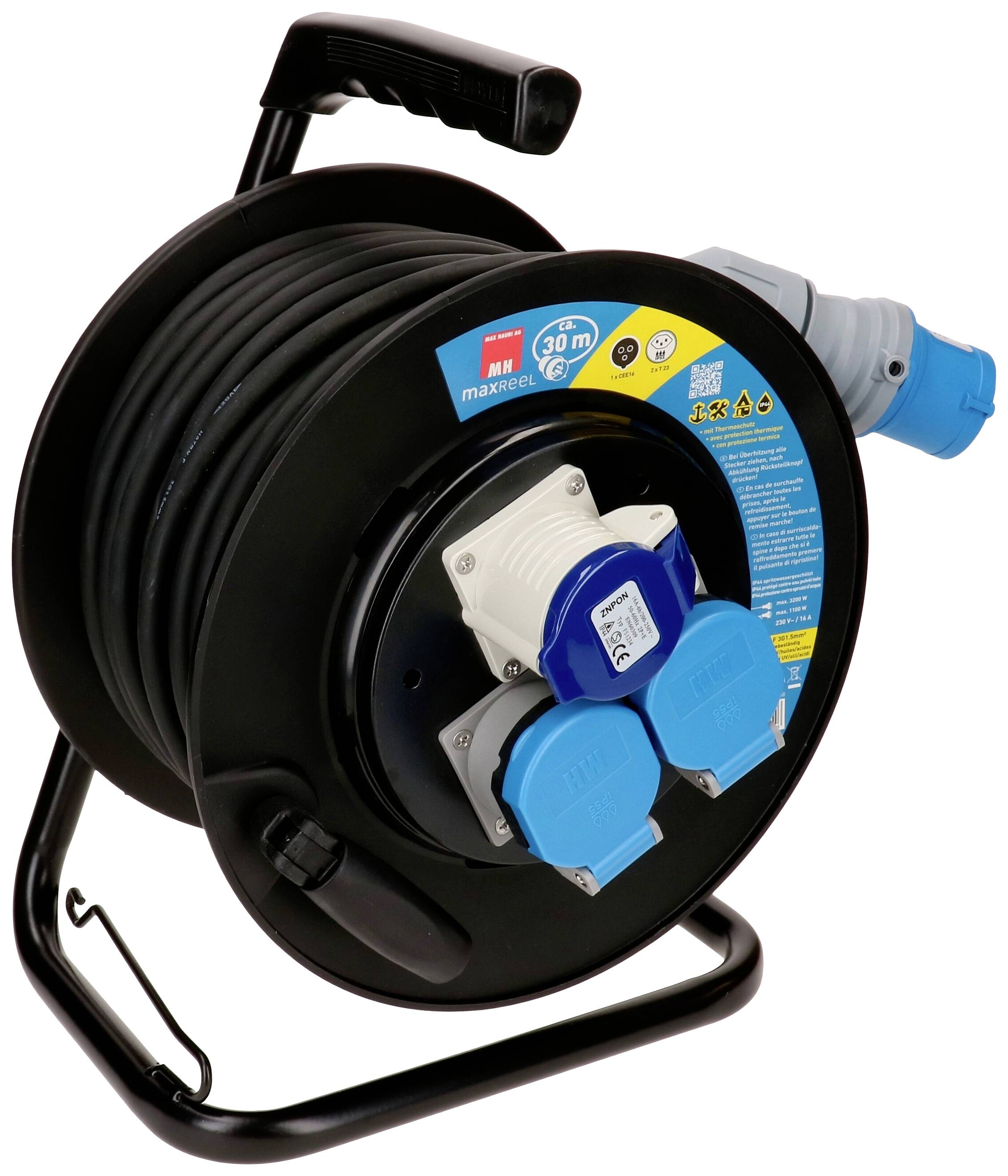 Eine schwarze Kabeltrommel mit einem blauen und weißen Steckdosenmodul, 30 Meter lang, mit Griff und Standfuß.