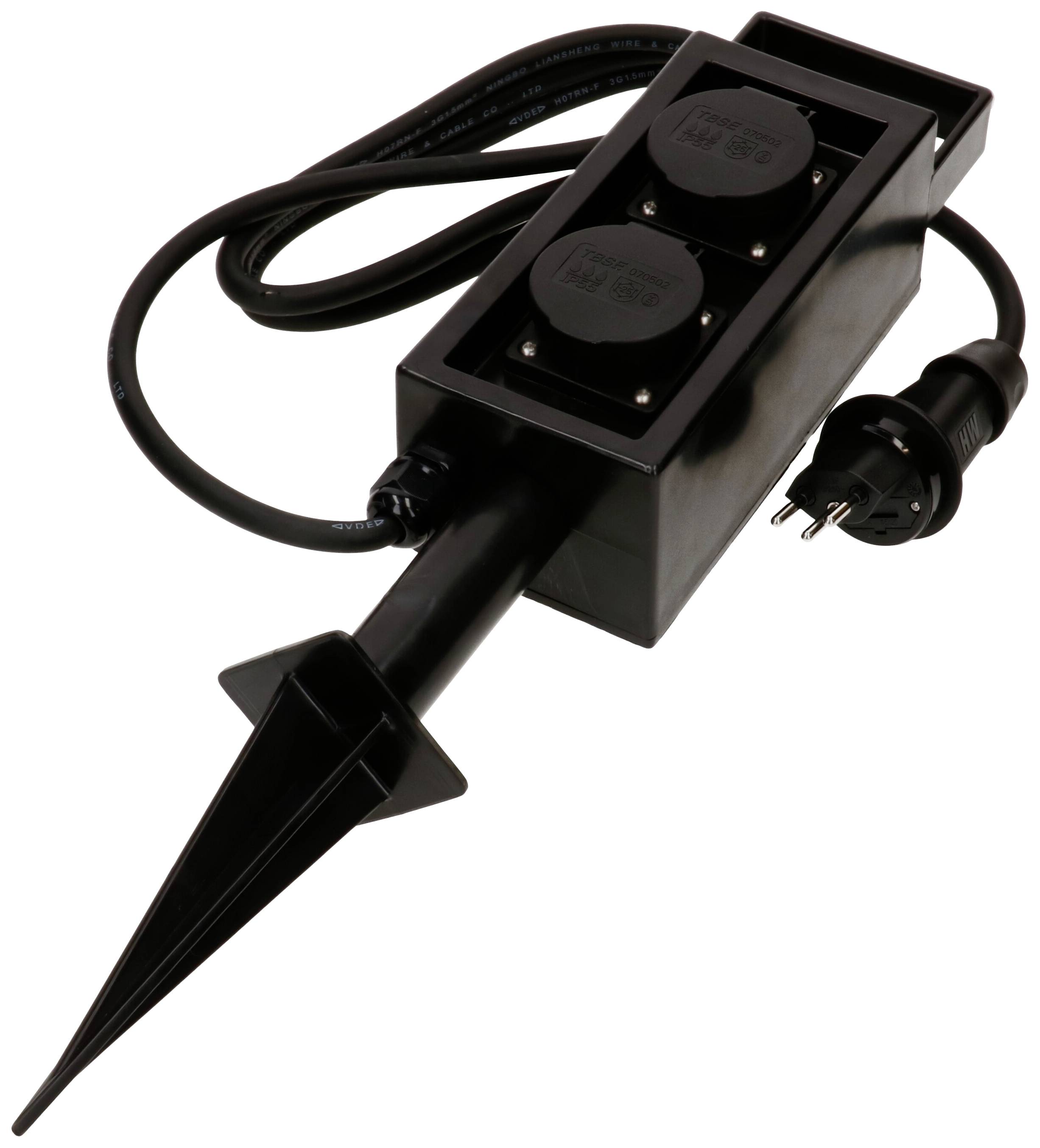 Schwarze Gartensteckdose mit Erdspieß, zwei Steckdosen und einem Stromkabel mit Stecker. Geeignet für den Außeneinsatz.
