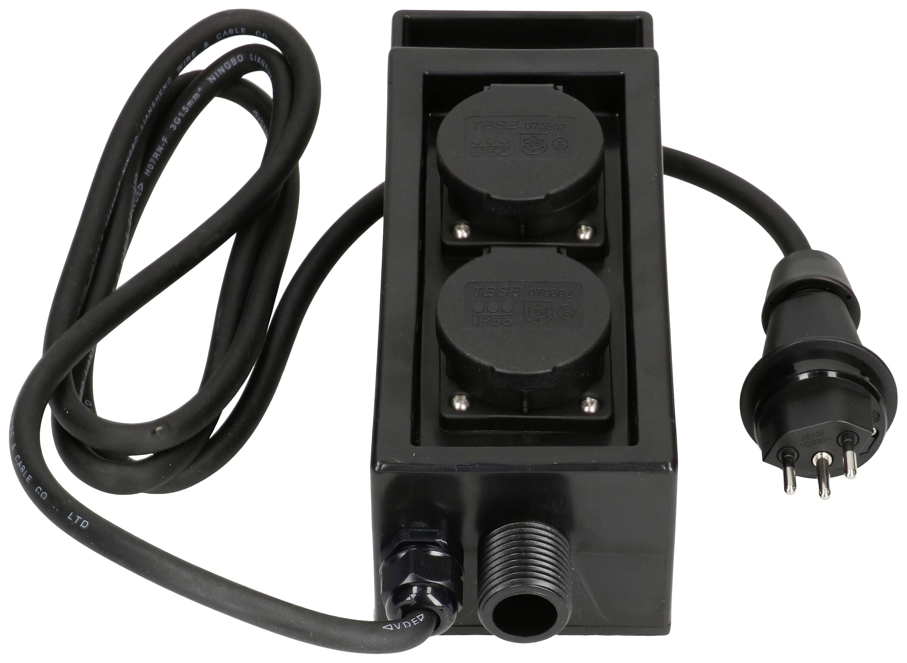 Eine schwarze elektrische Steckdosenbox mit zwei Steckdosen und einem langen Kabel. Ideal für den Außenbereich oder Werkstätten.