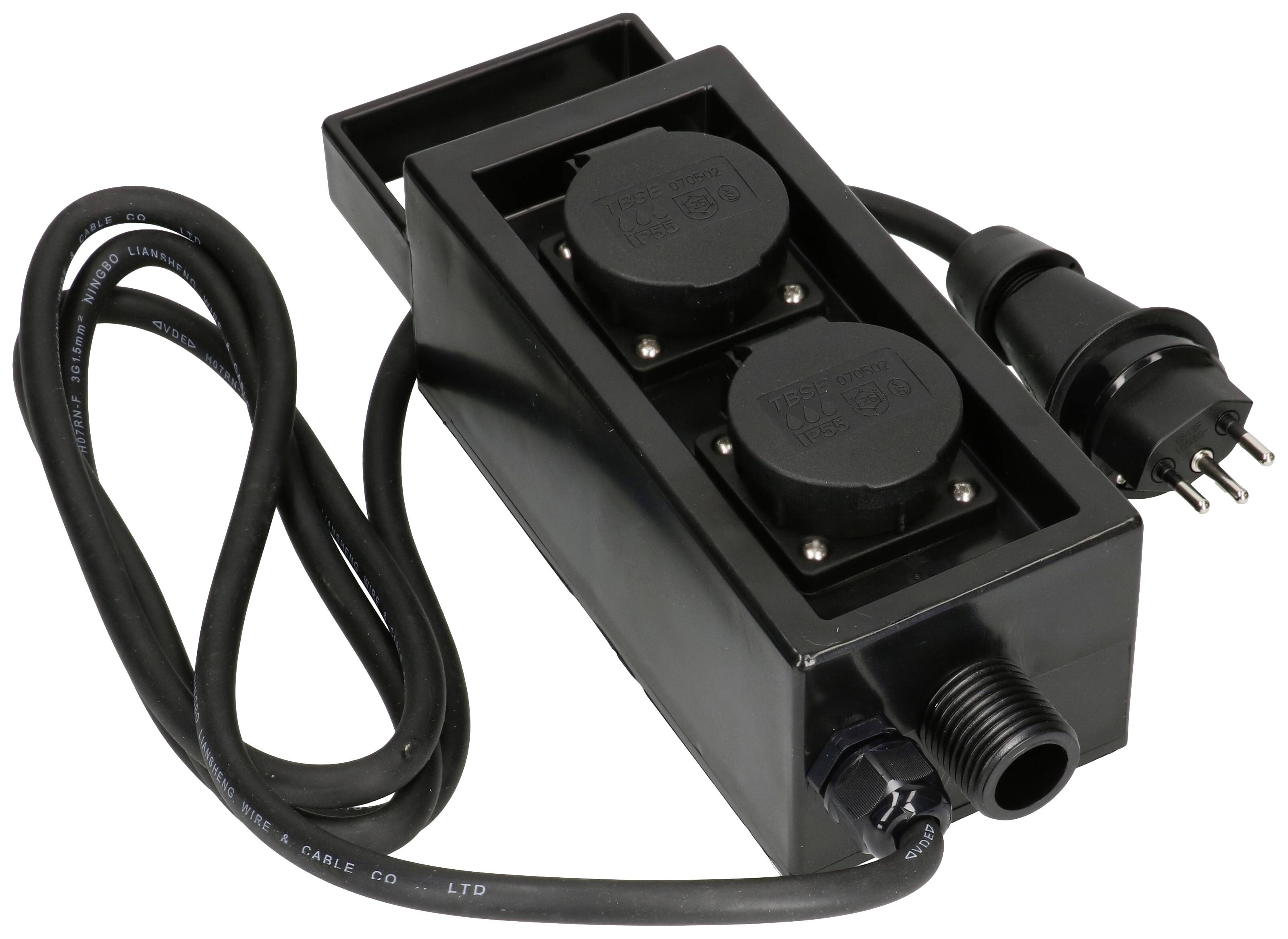Ein schwarzer Verteilerstecker mit zwei Steckdosen und einem Kabel samt Stecker. Geeignet für den Anschluss mehrerer elektrischer Geräte.