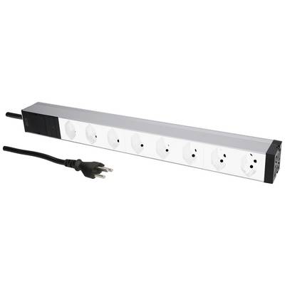Eine silberne Steckdosenleiste mit acht Steckplätzen und einem schwarzen Stromkabel mit Stecker.