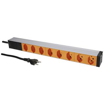 Sechsfache Steckdosenleiste mit orangenen Steckplätzen und schwarzem Kabel. Geeignet für den Anschluss mehrerer Elektrogeräte.
