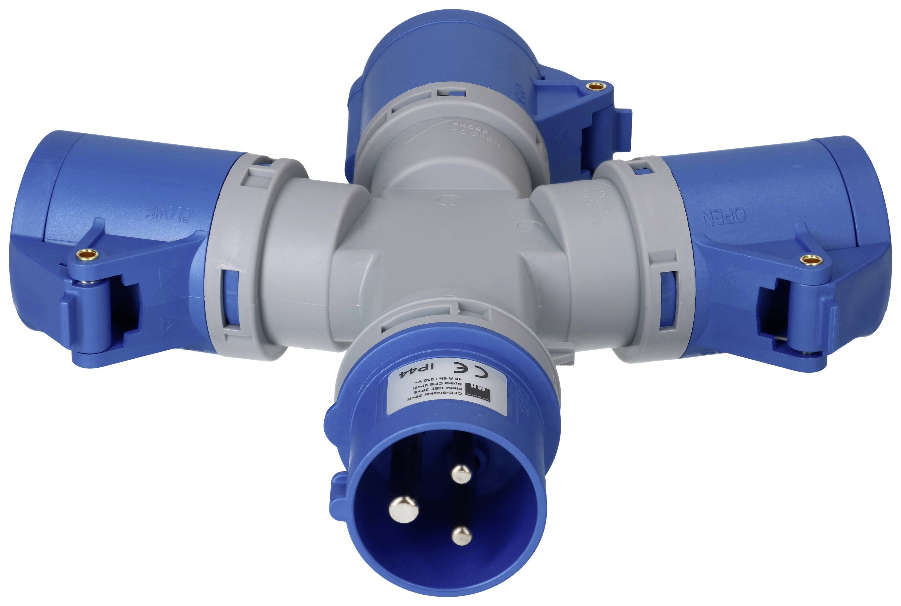 Blauer CEE-Drehstromstecker mit drei Steckdosen, geeignet für industrielle Anwendungen, zeigt Verbindungen und Sicherheitszertifikate.